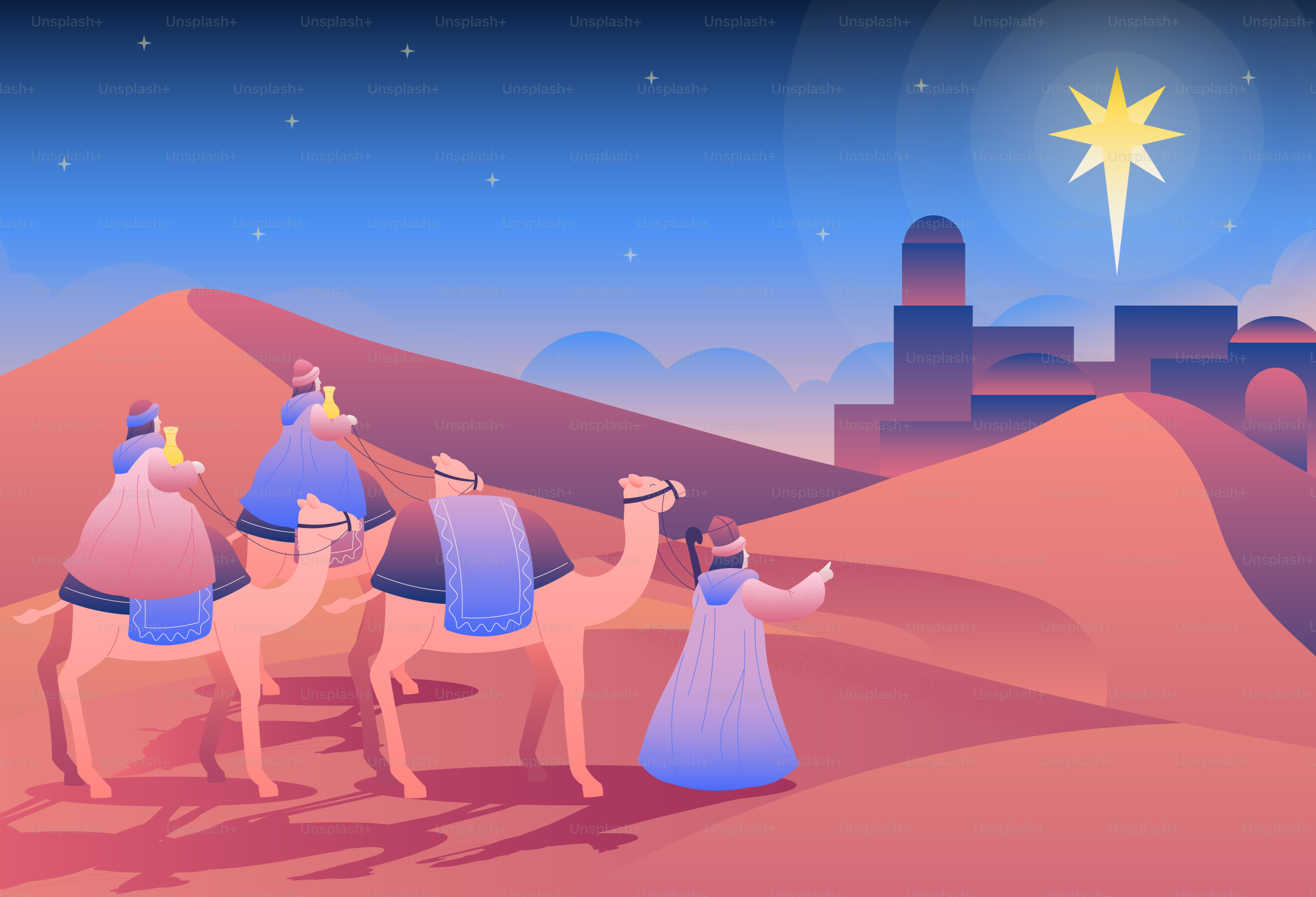 Three wise men follow star to city on desert city