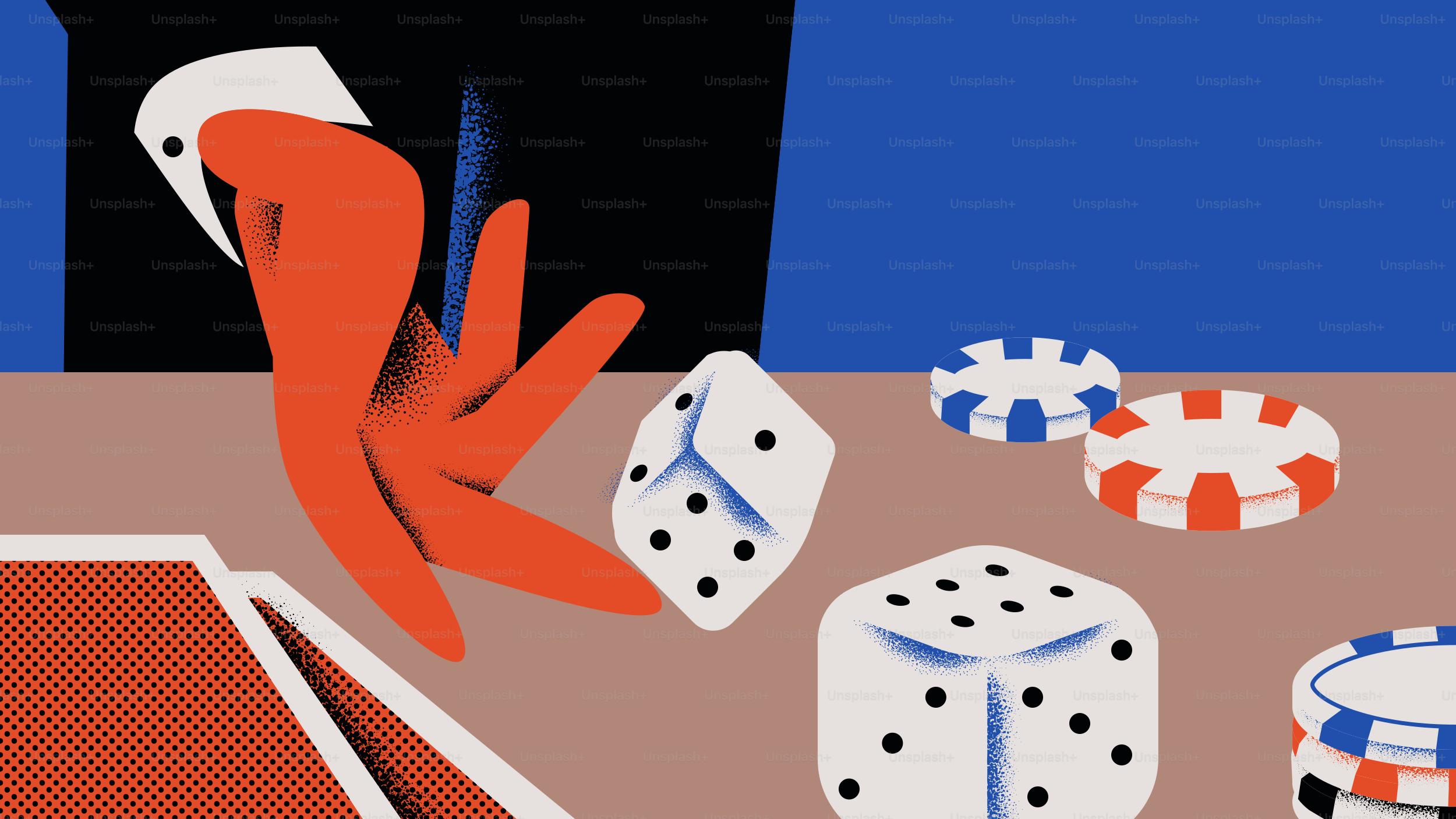 La mano tira i dadi con fiches da poker e carte.