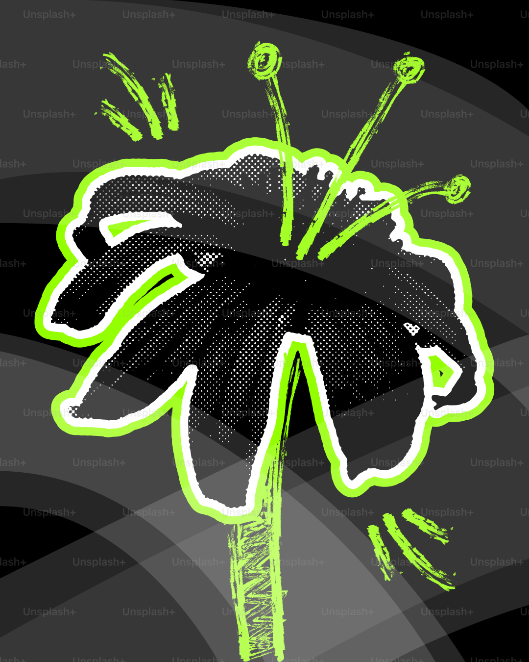 ネオングリーンの輪郭を持つ黒い花のスタイライズ