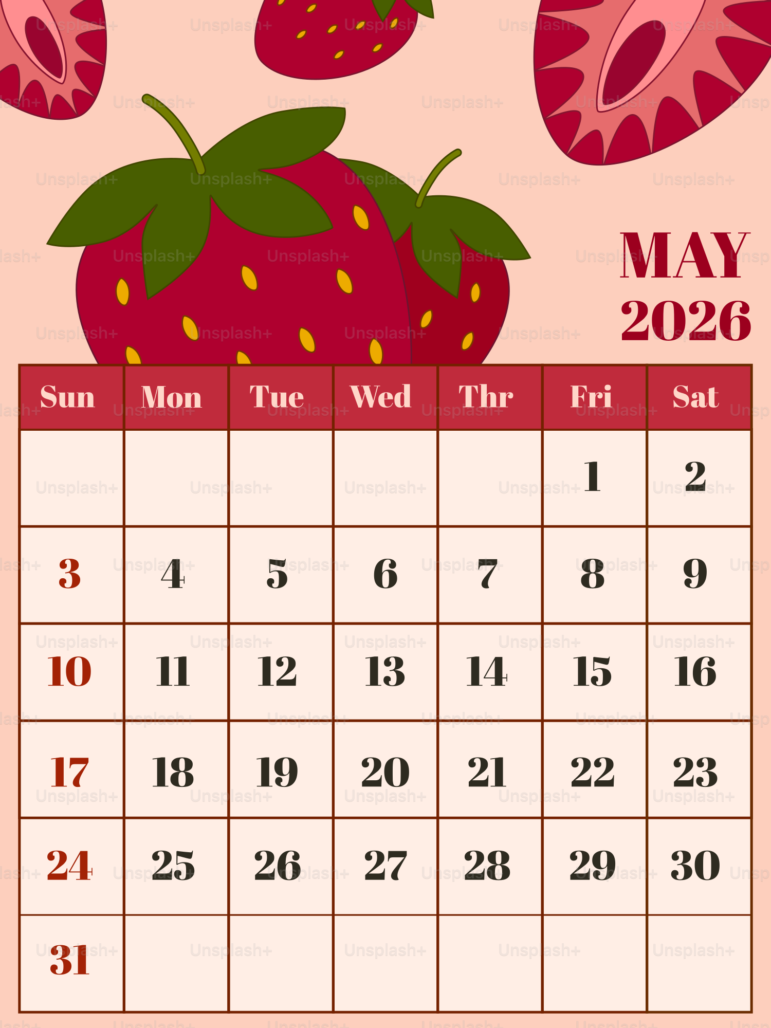 Calendrier de mai 2026 avec décorations à la fraise