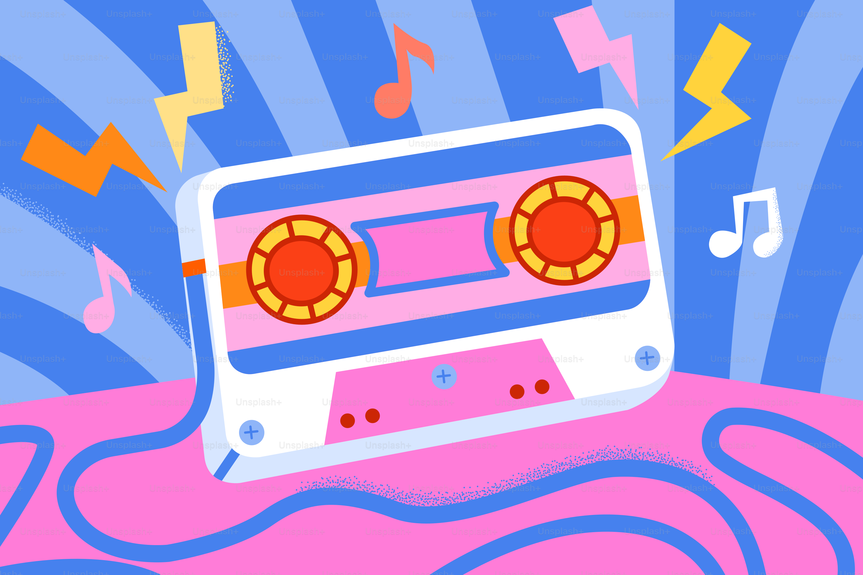 Fita retrô com notas musicais e raios
