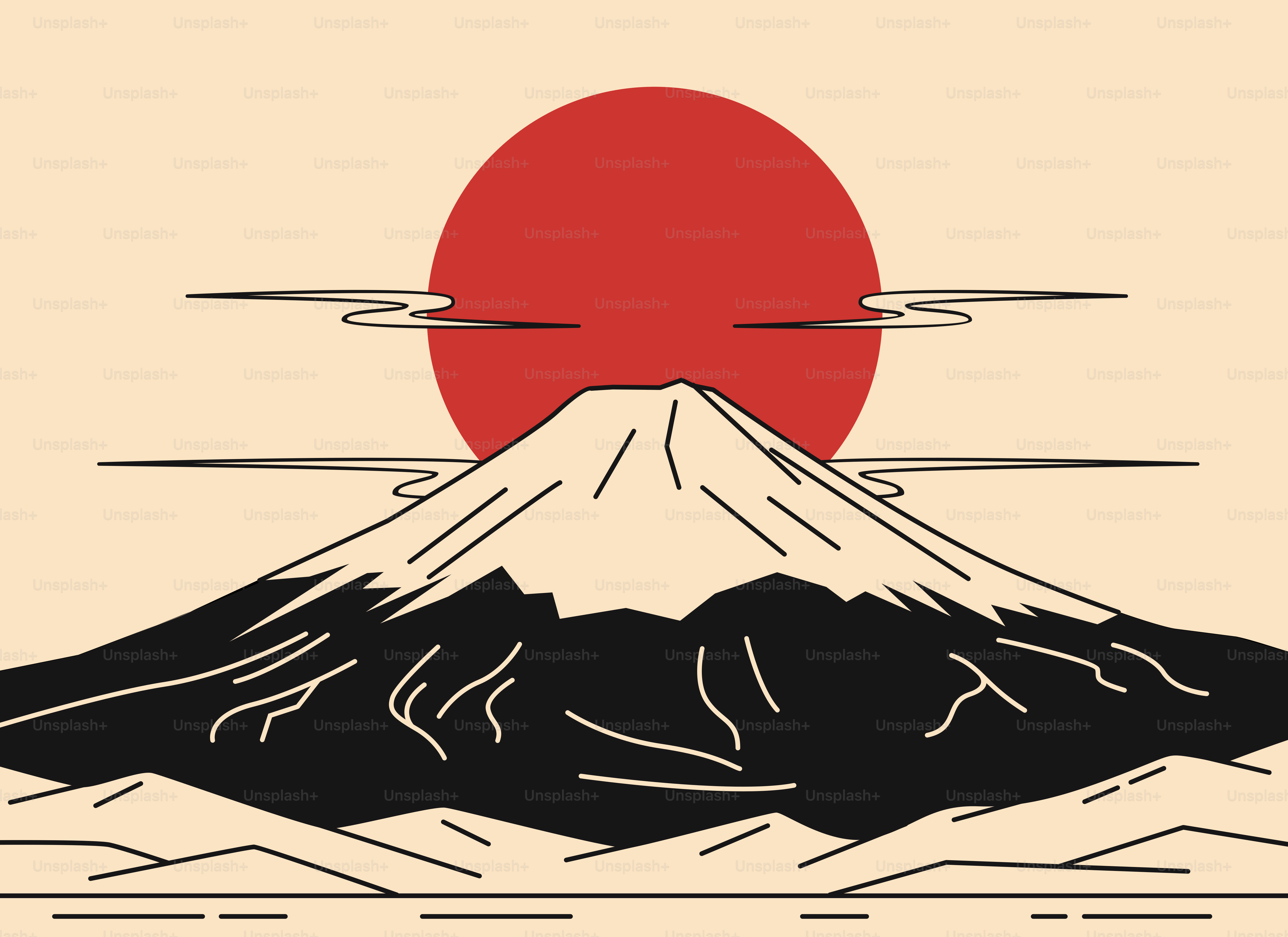 Mount fuji with a red sun behind it.