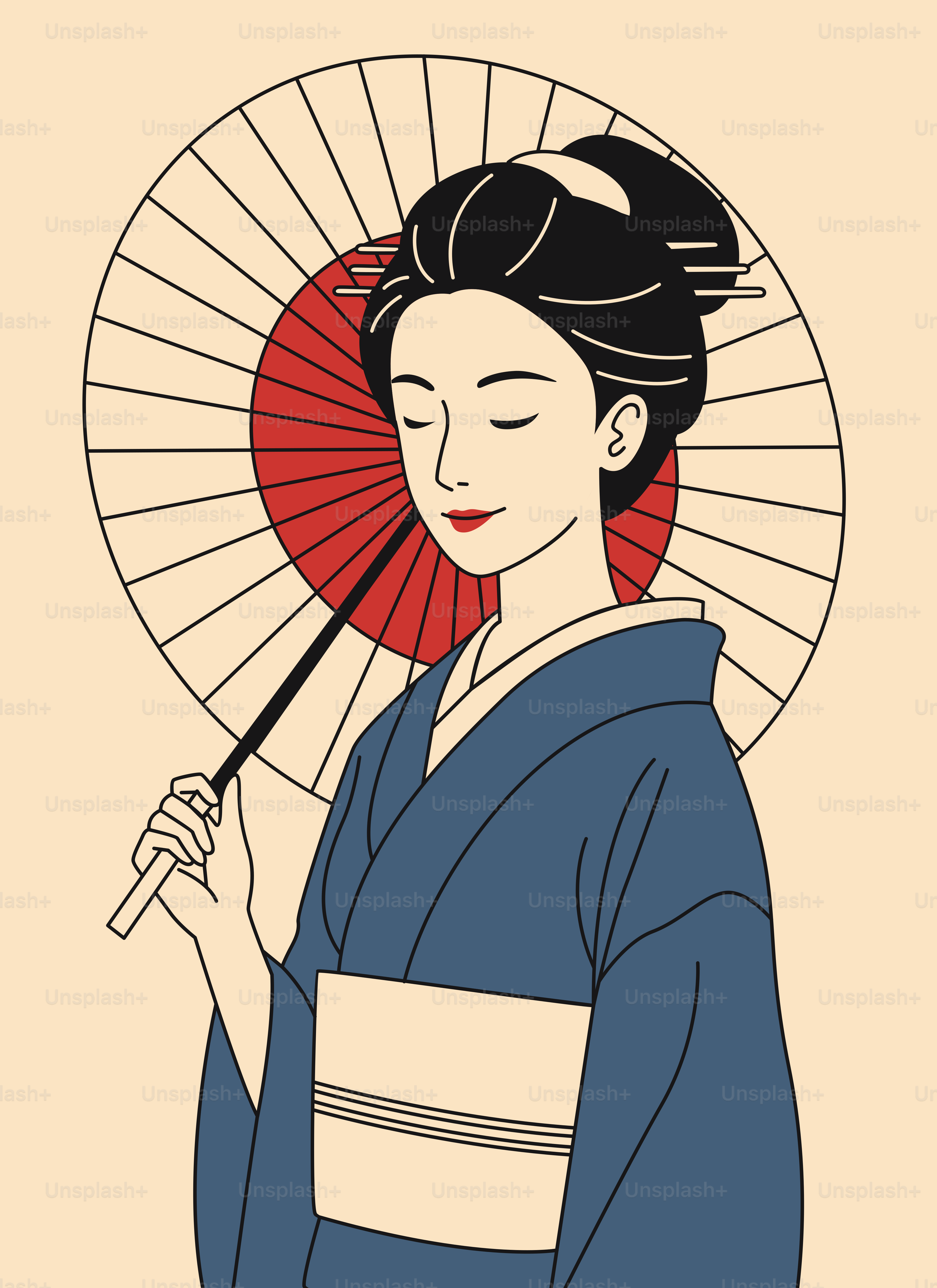 Woman in blue kimono holding a red and white umbrella