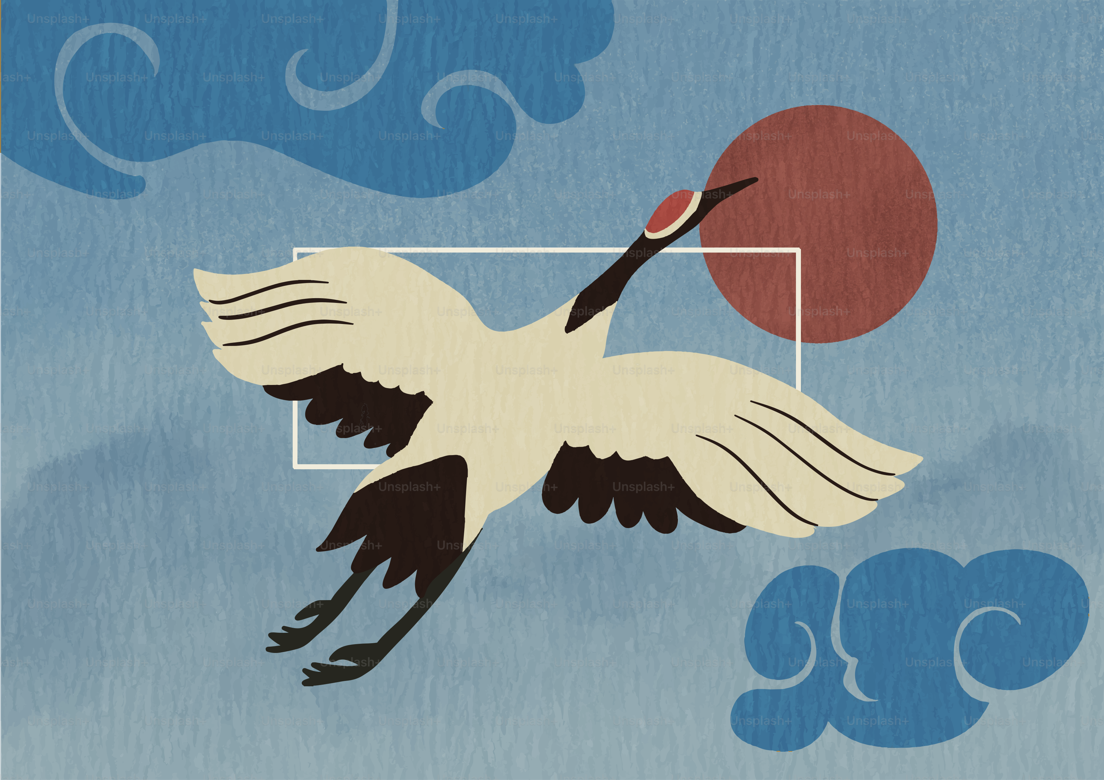 A crane flies across a textured blue sky.