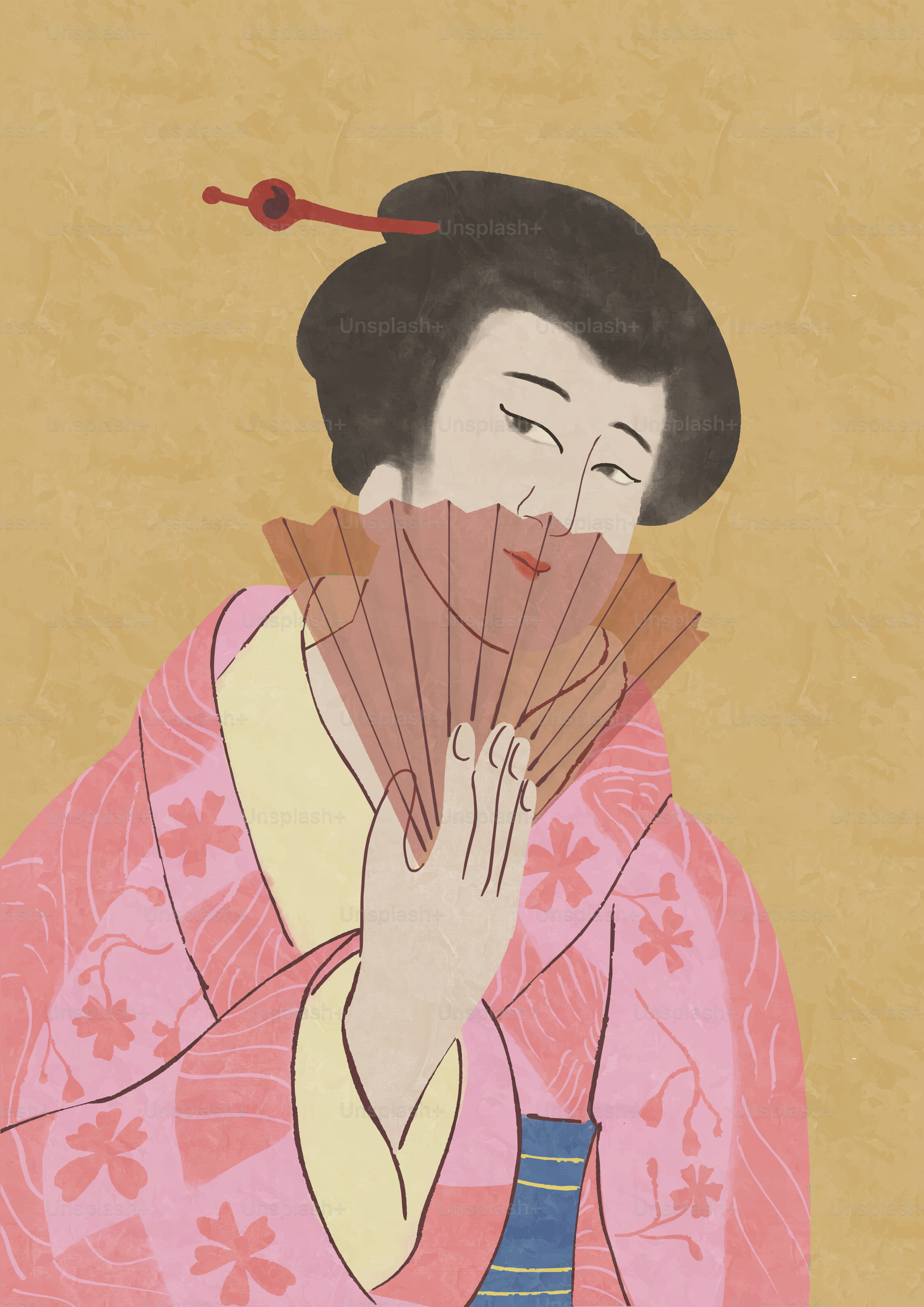 Woman in pink kimono holding a fan
