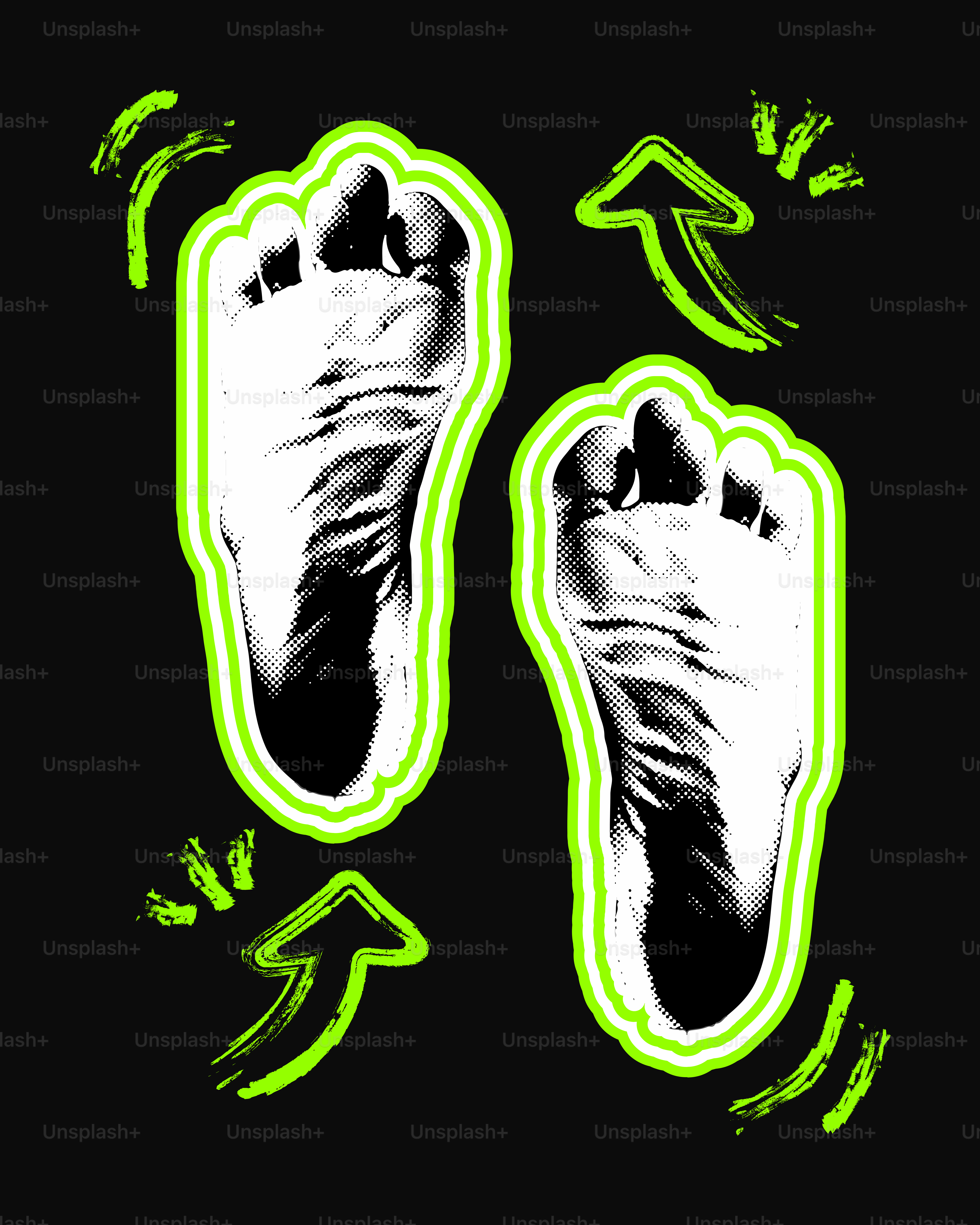 Pieds nus avec des contours et des flèches vert néon.