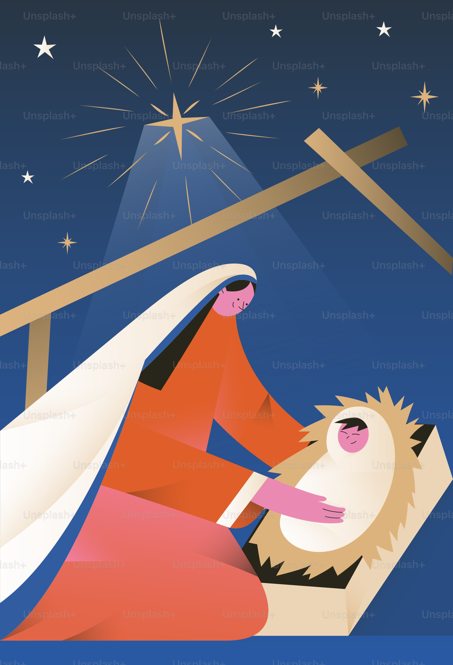 Nativity scene with mary holding baby jesus.