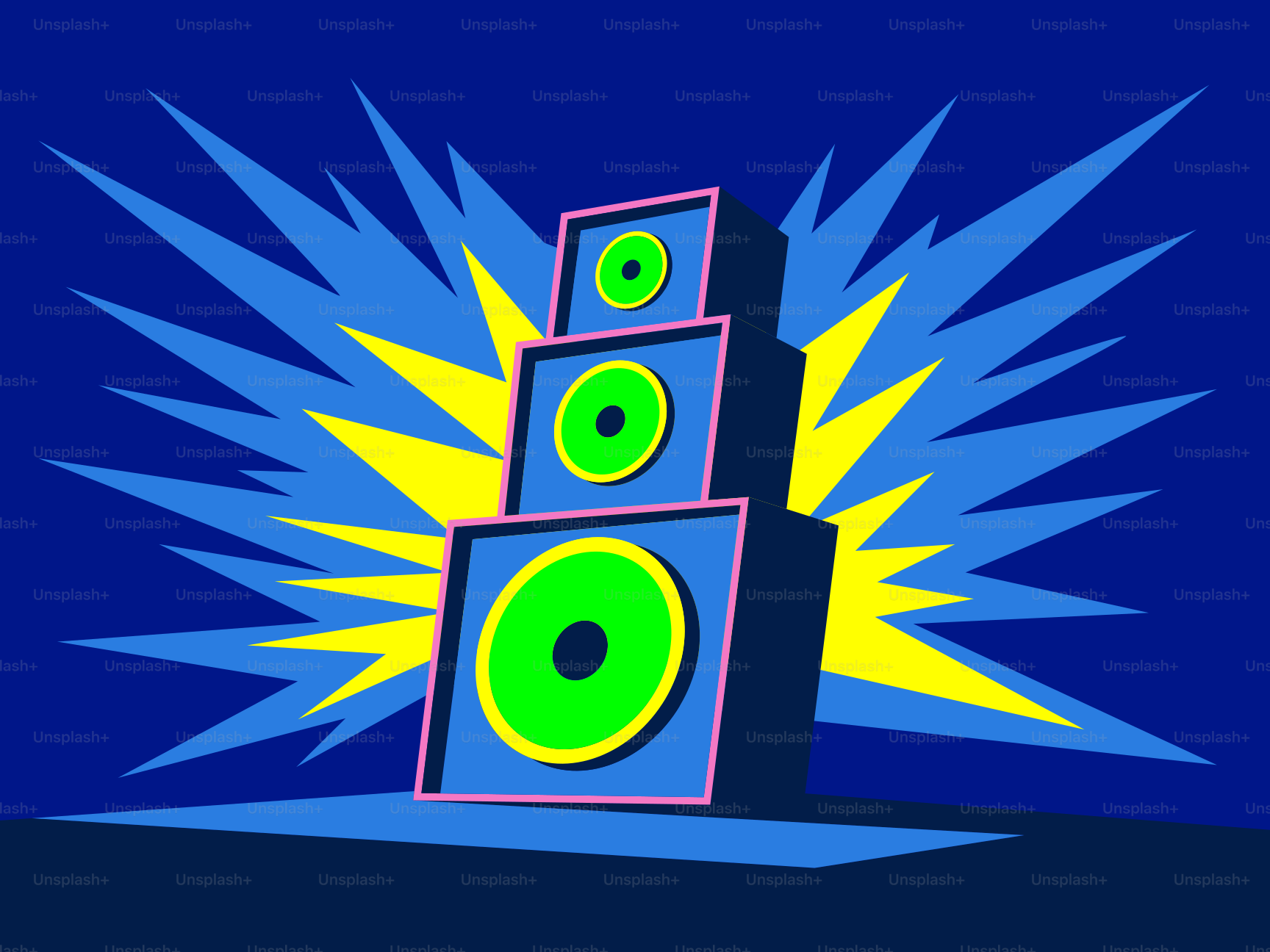 Three speakers stacked with a blue and yellow burst.