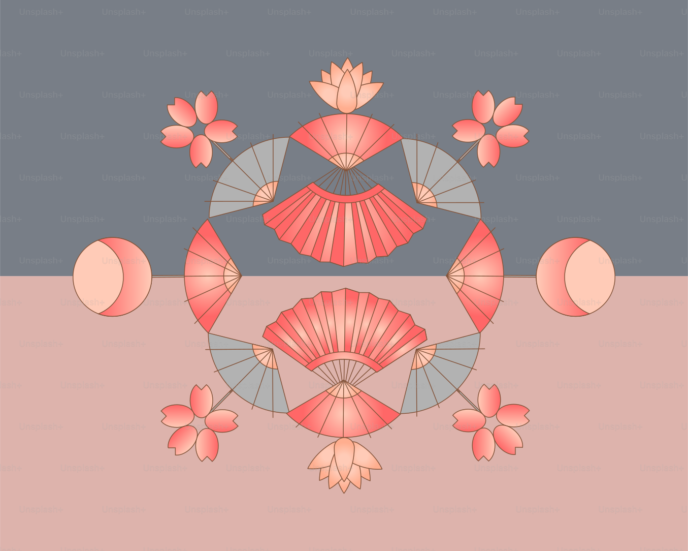 Decorative arrangement of fans, flowers, and moons