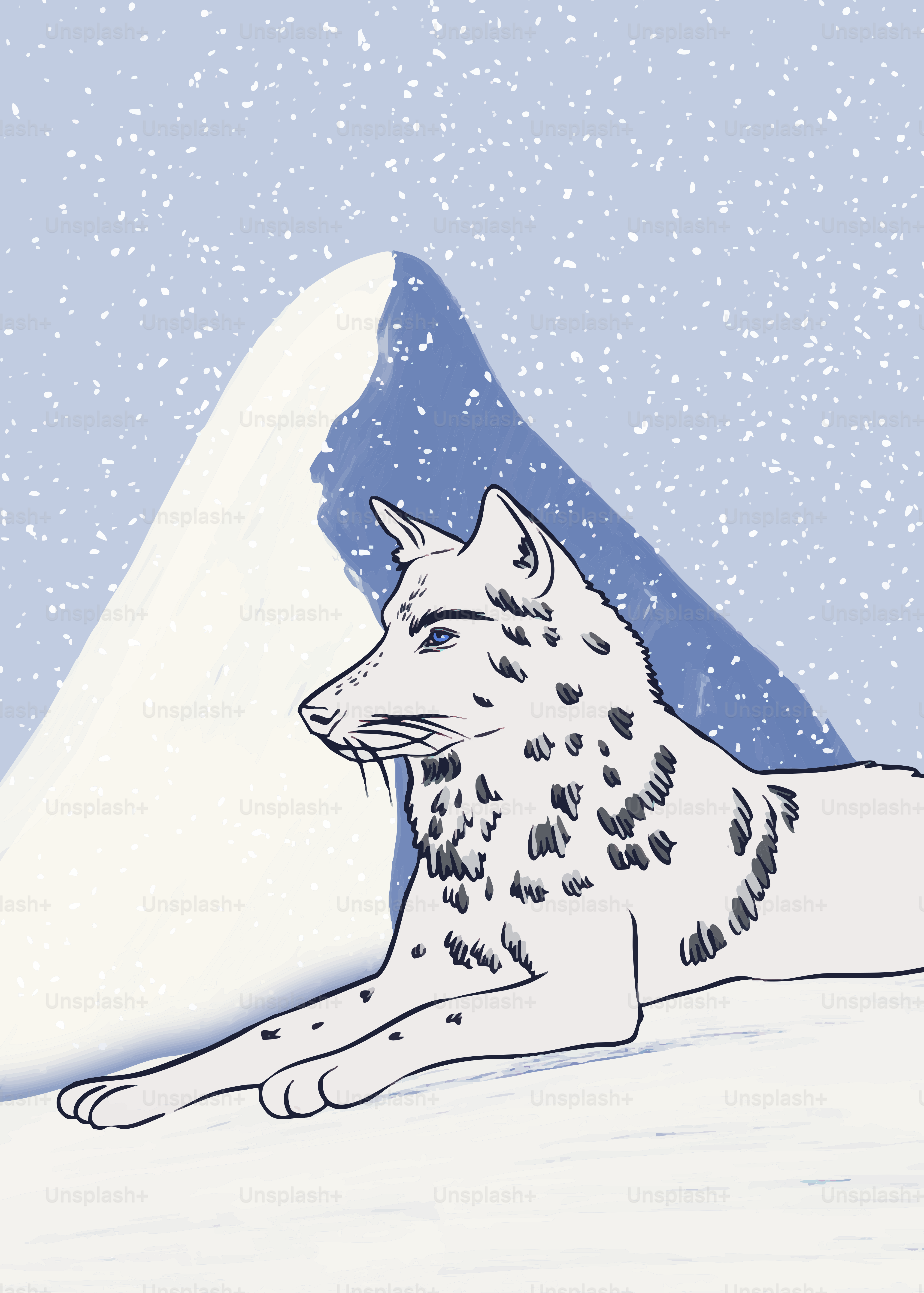 A white wolf rests in the snow near a mountain.