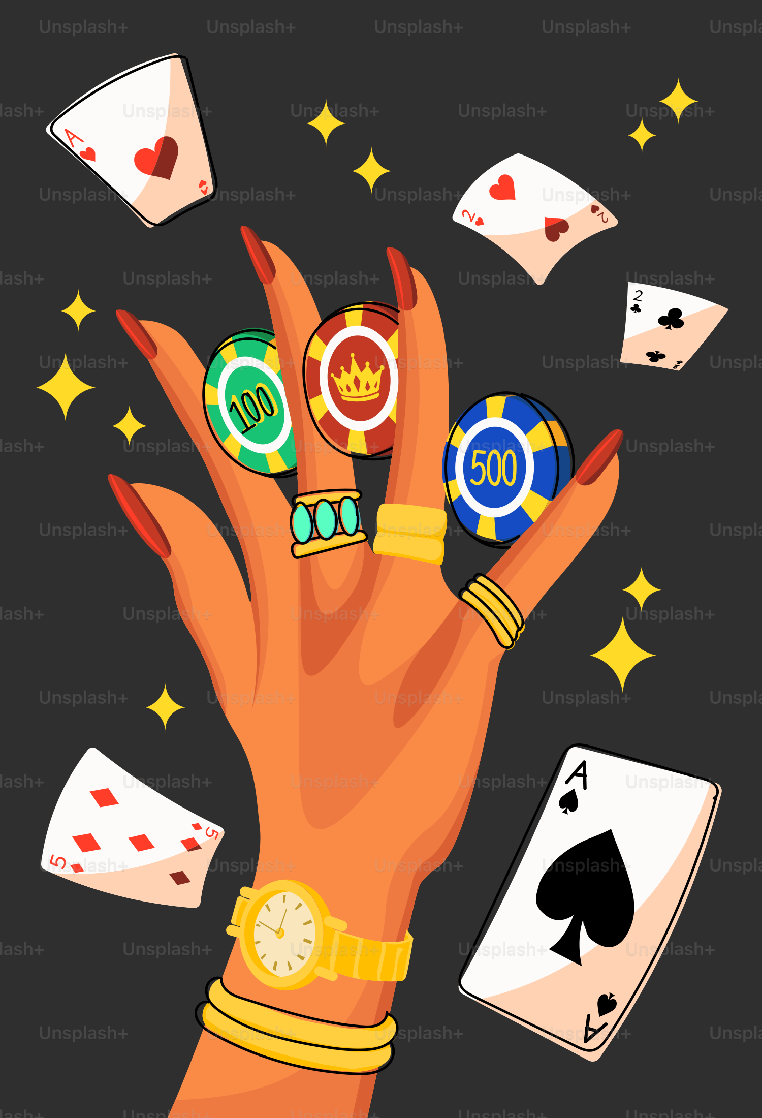 Hand mit Pokerchips, Spielkarten und Schmuck.