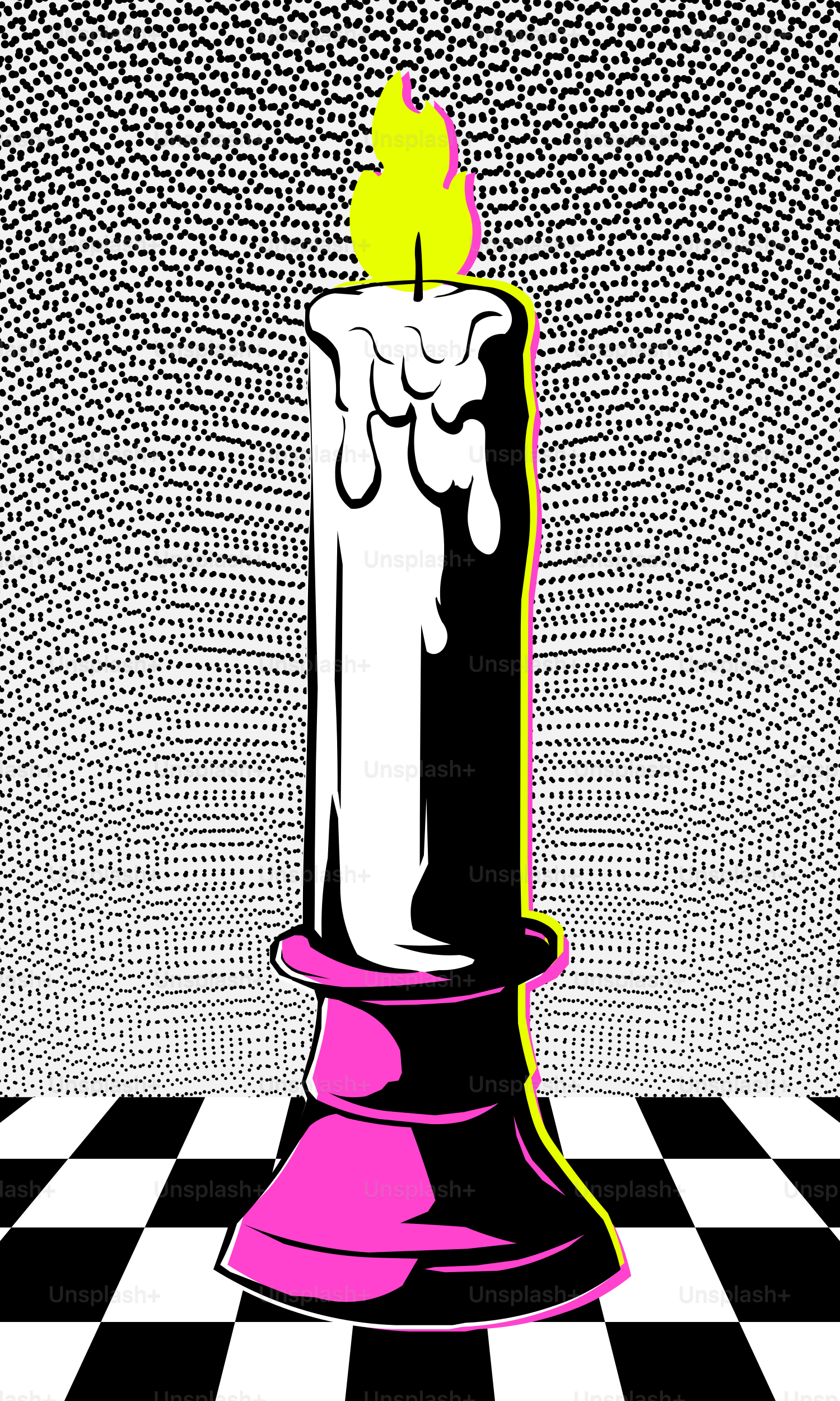 A lit candle with dripping wax on a chessboard.