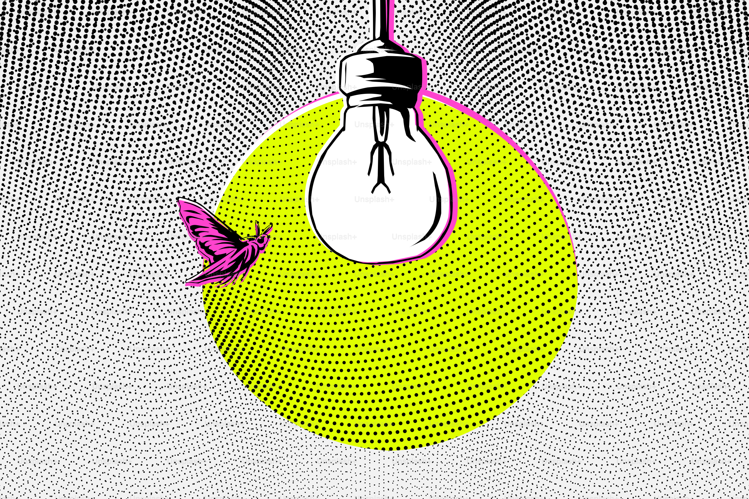 Pink bird flies towards a lit lightbulb