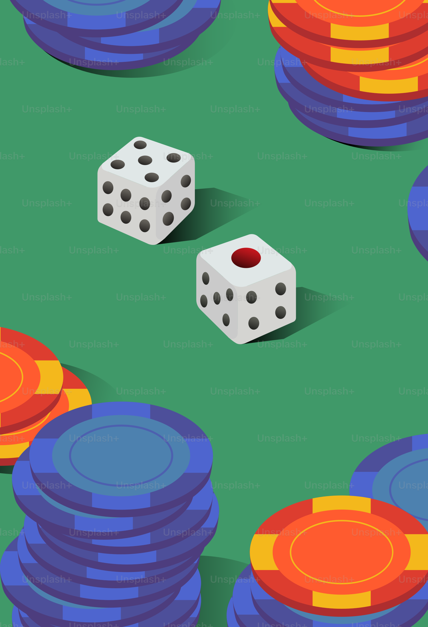 Zwei Würfel und Casinochips auf grünem Filz