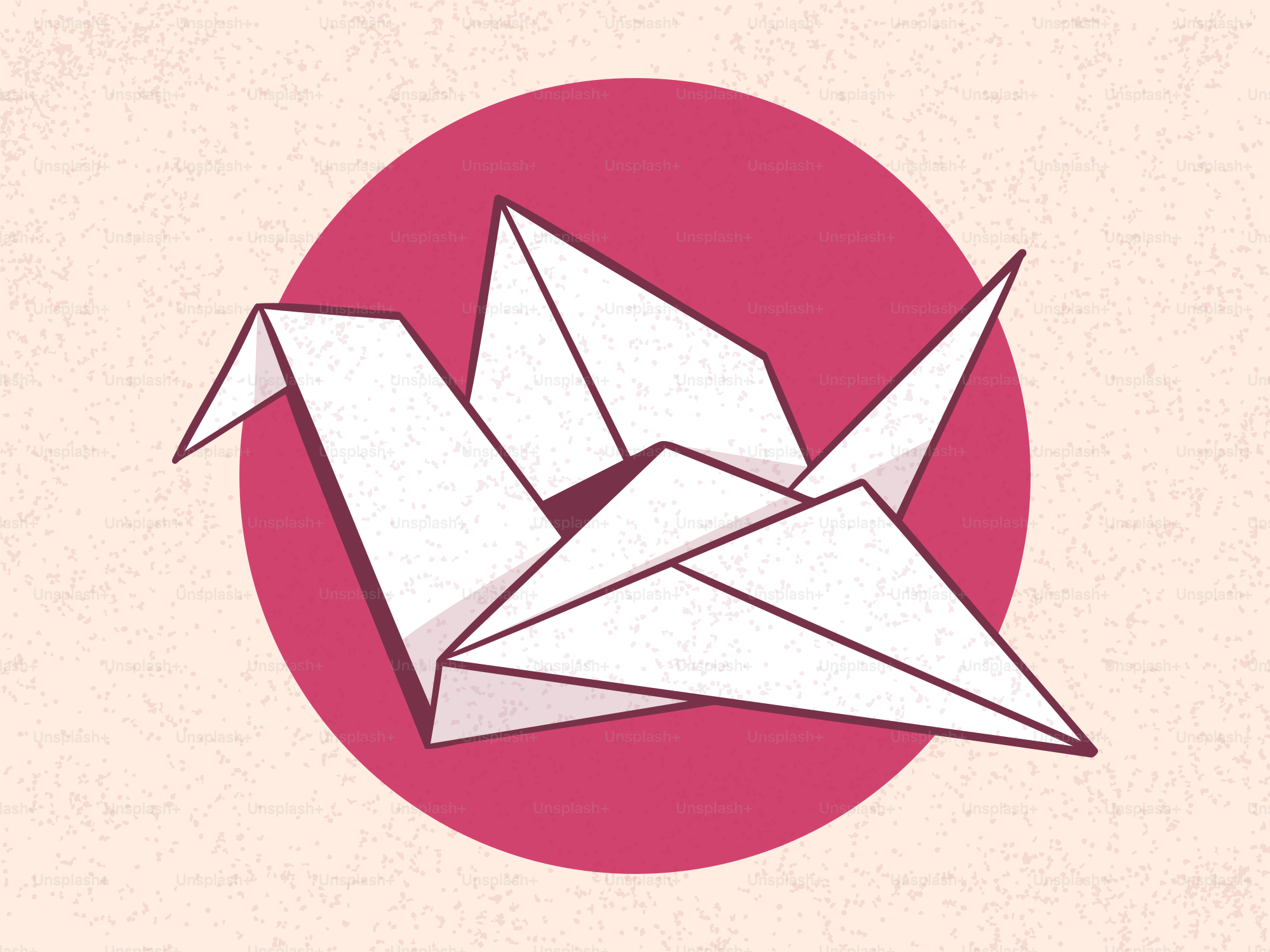White origami crane in front of a pink circle