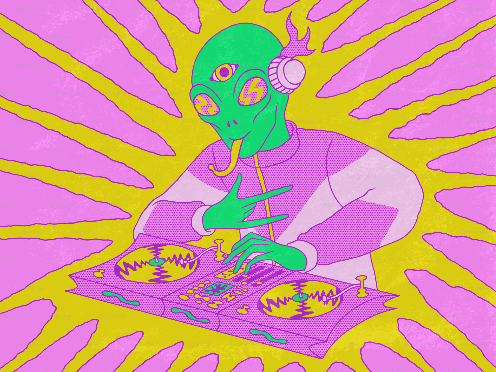 Alien dj with headphones playing turntables