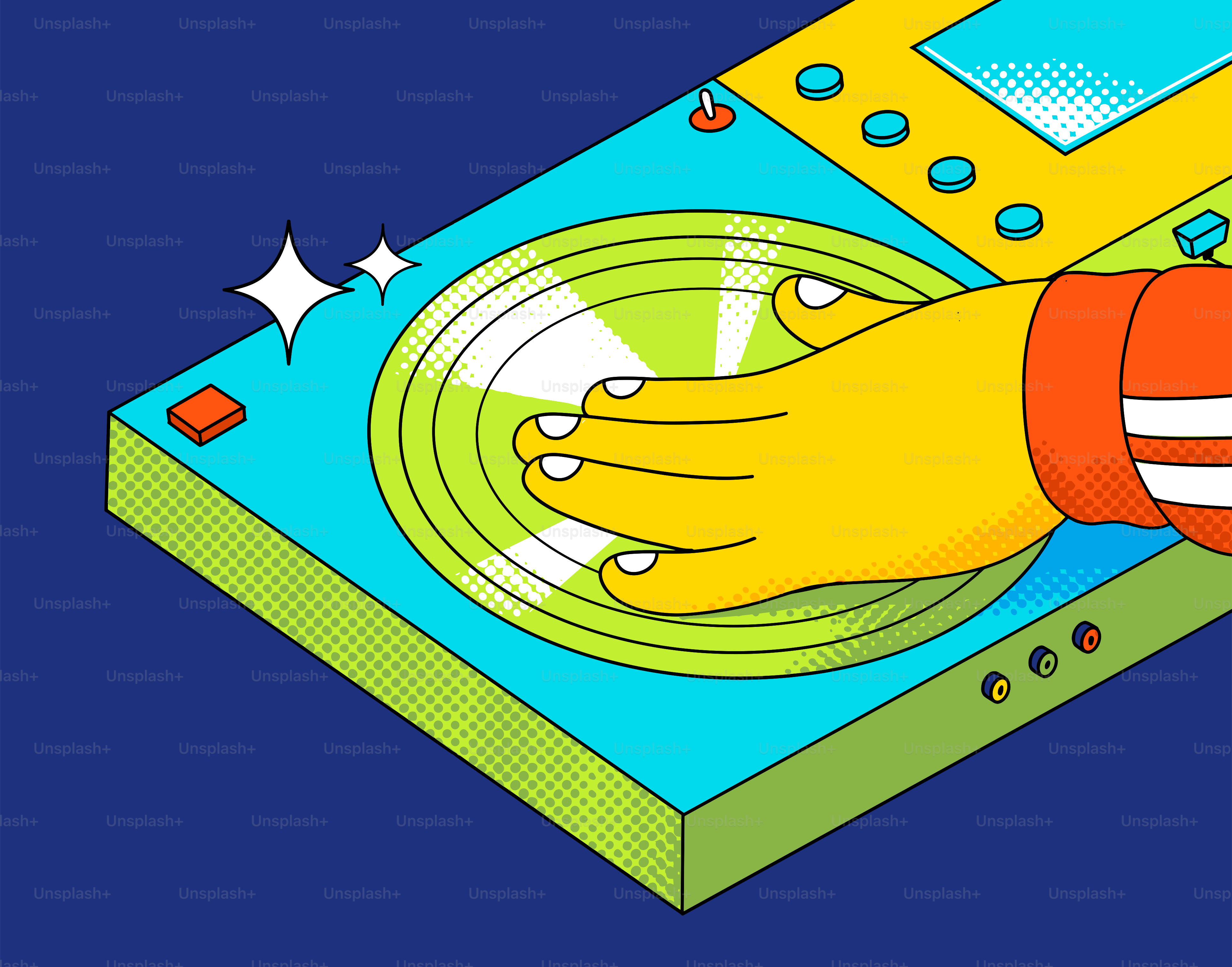 Hand operating a dj turntable with colorful design