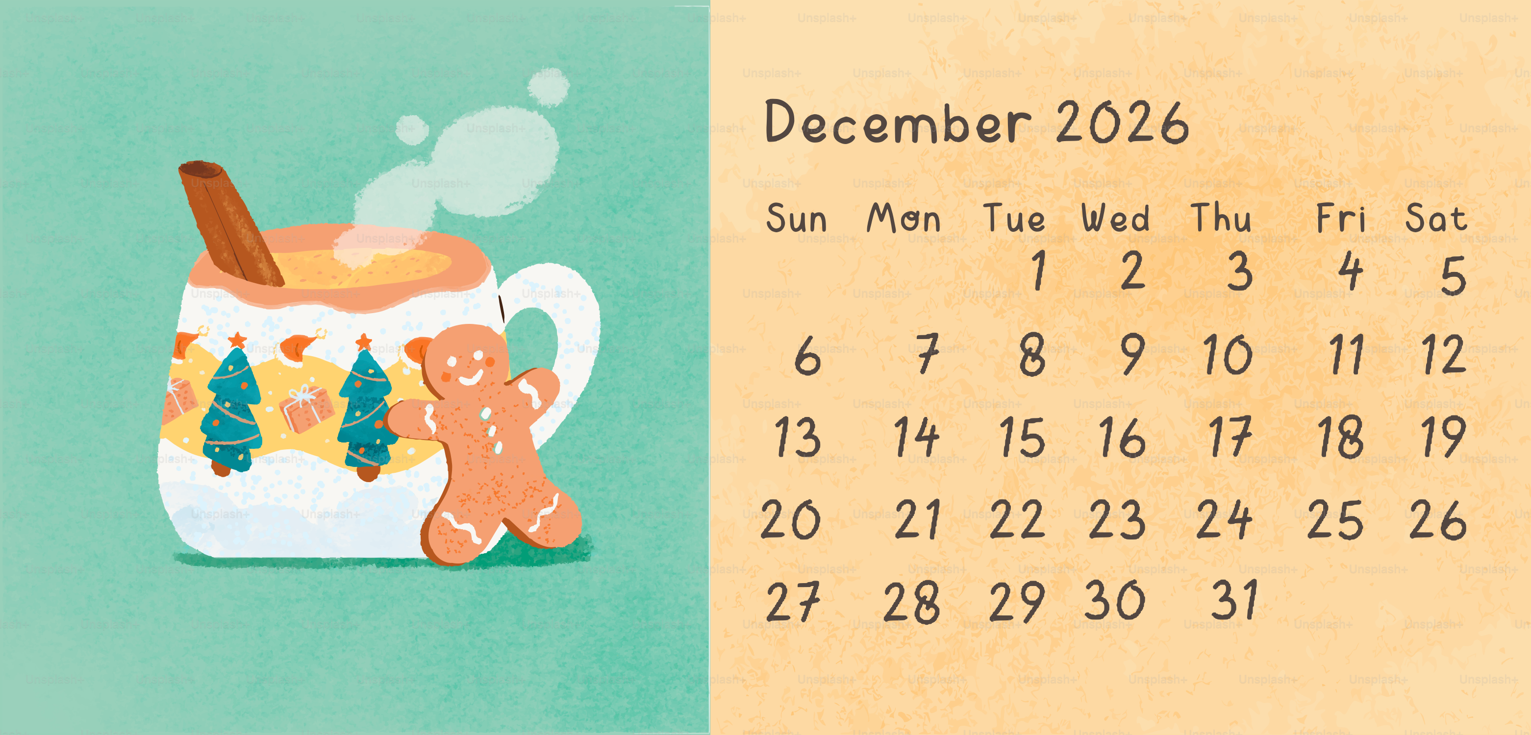 Hot chocolate with gingerbread cookie and december 2026 calendar