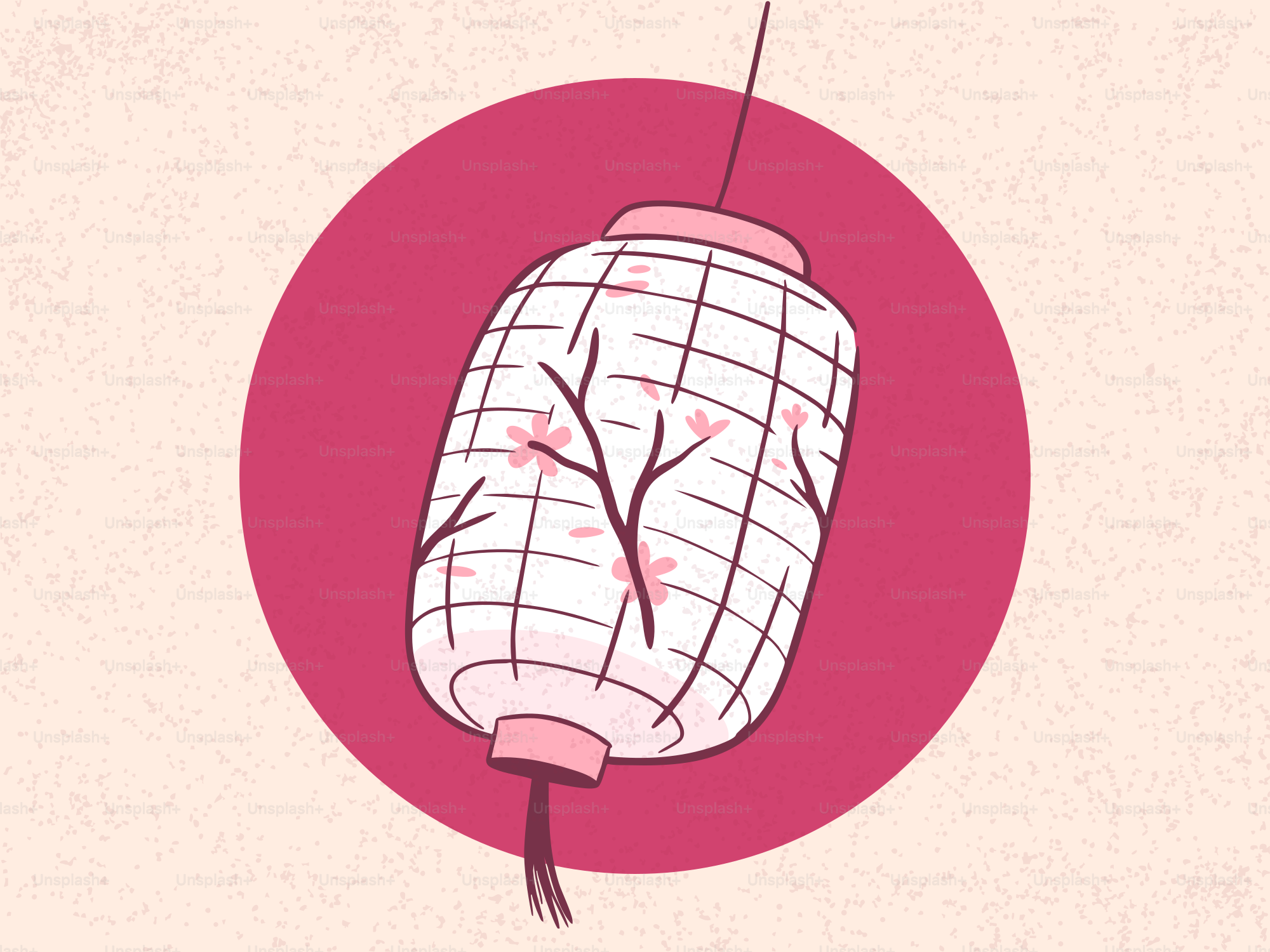 A white lantern with pink cherry blossoms hangs.