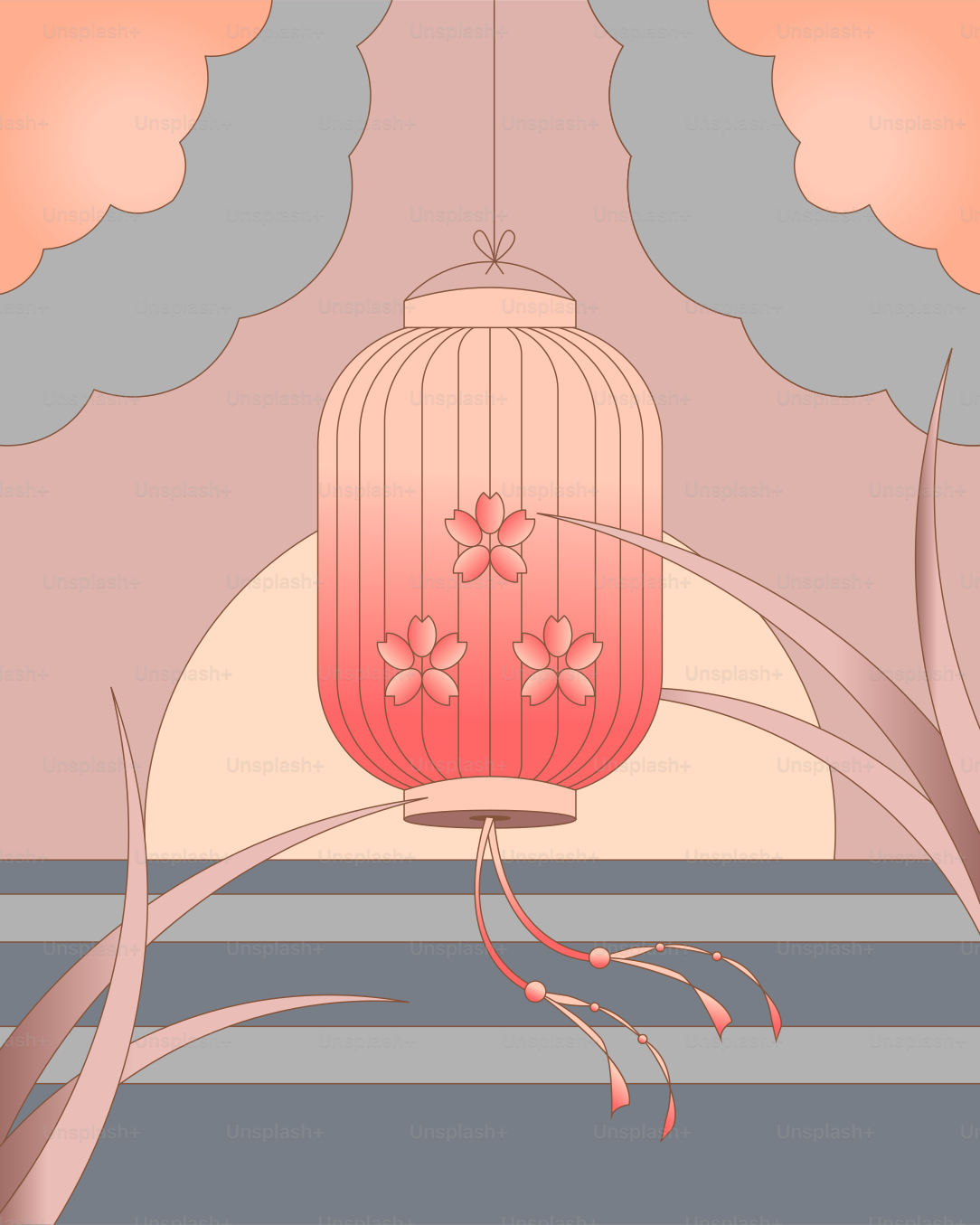 A glowing lantern with floral designs hangs outdoors.