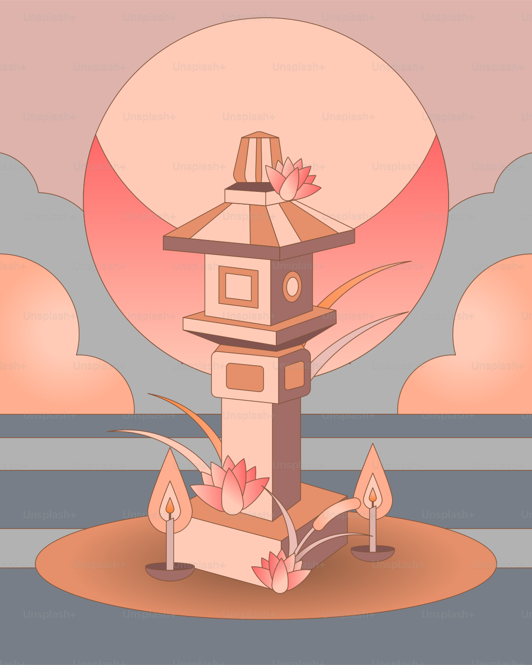 Stone lantern with lotus flowers and candles