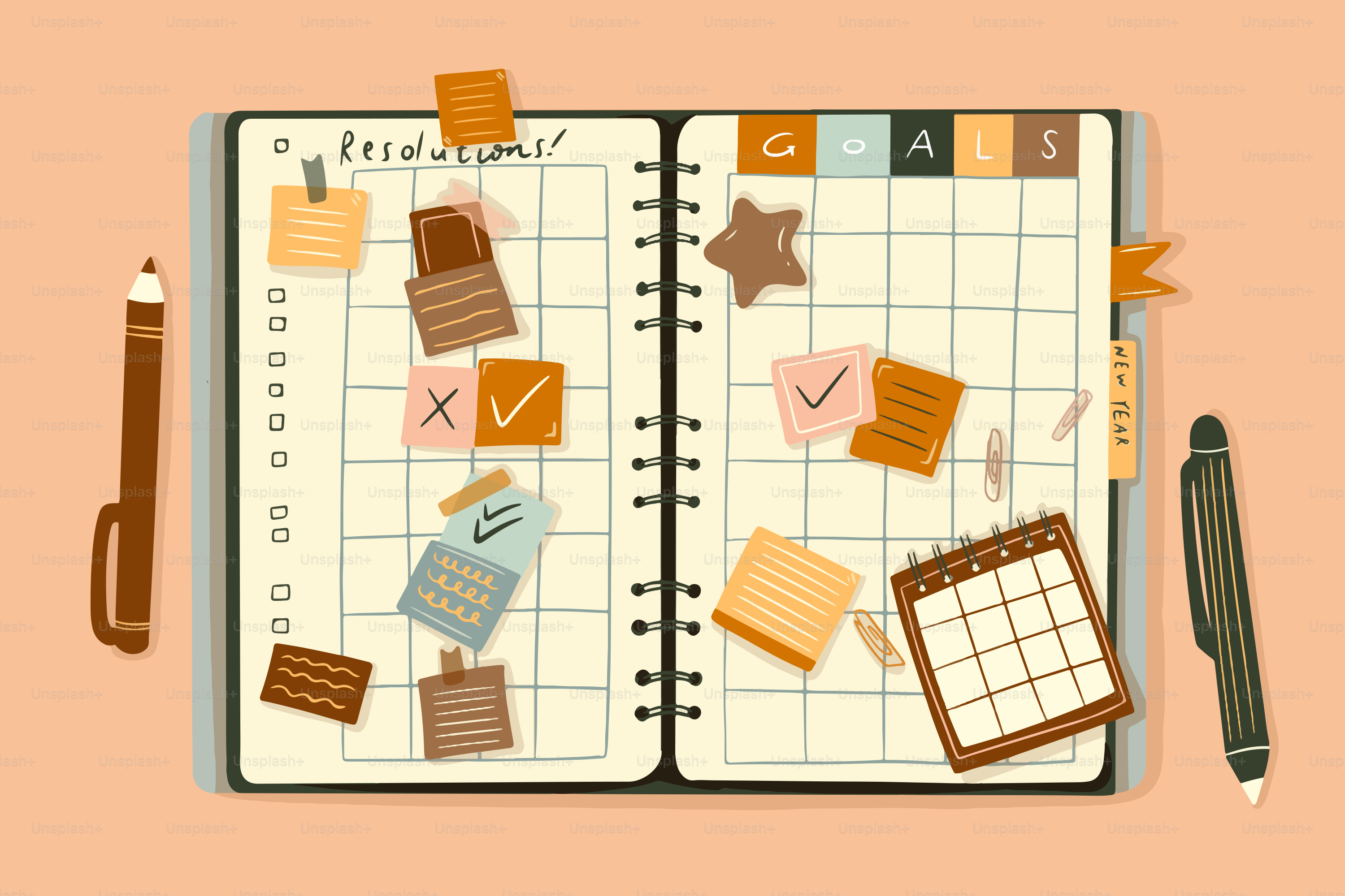 Open planner with sticky notes and pens.