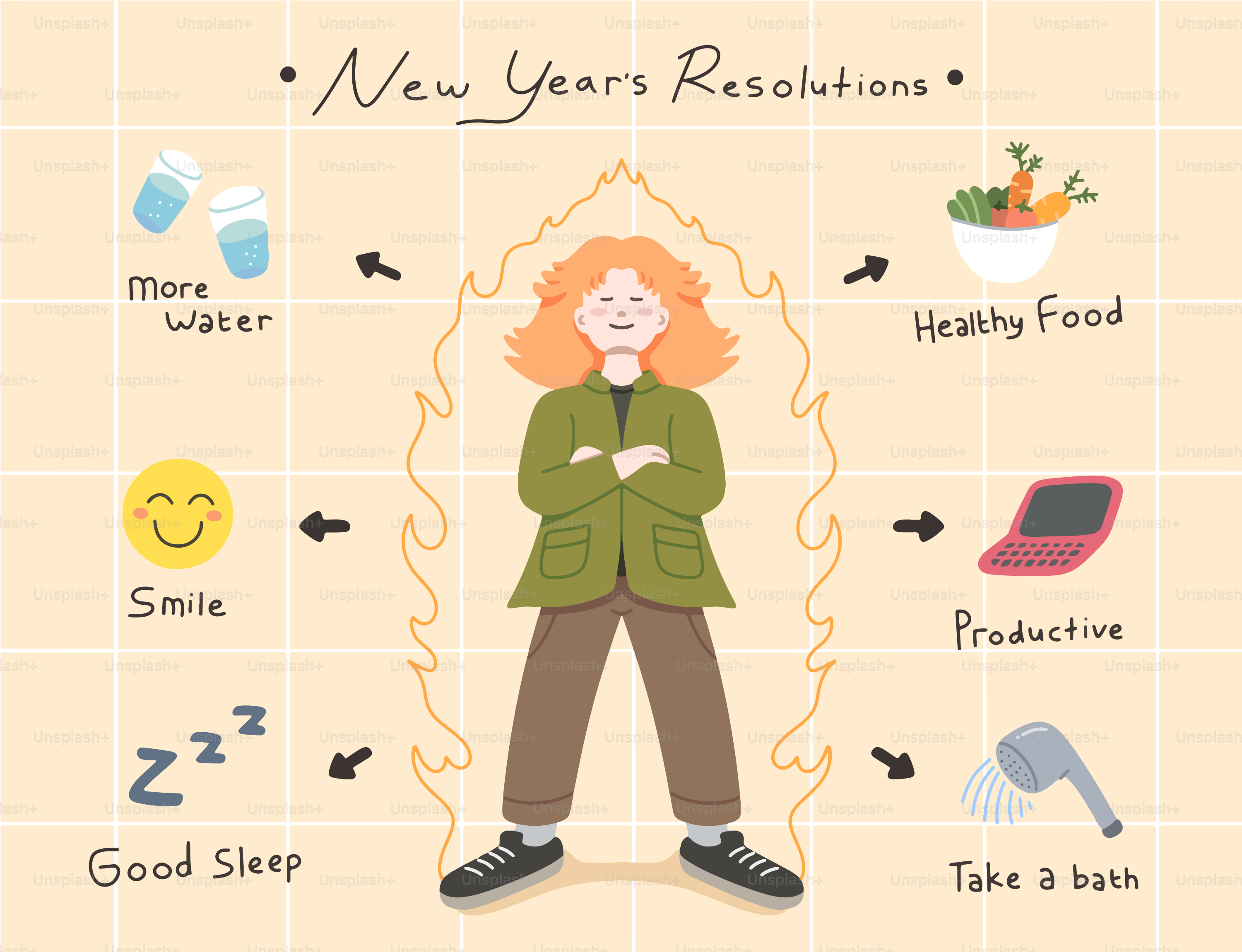 New year's resolutions illustration with person and icons.