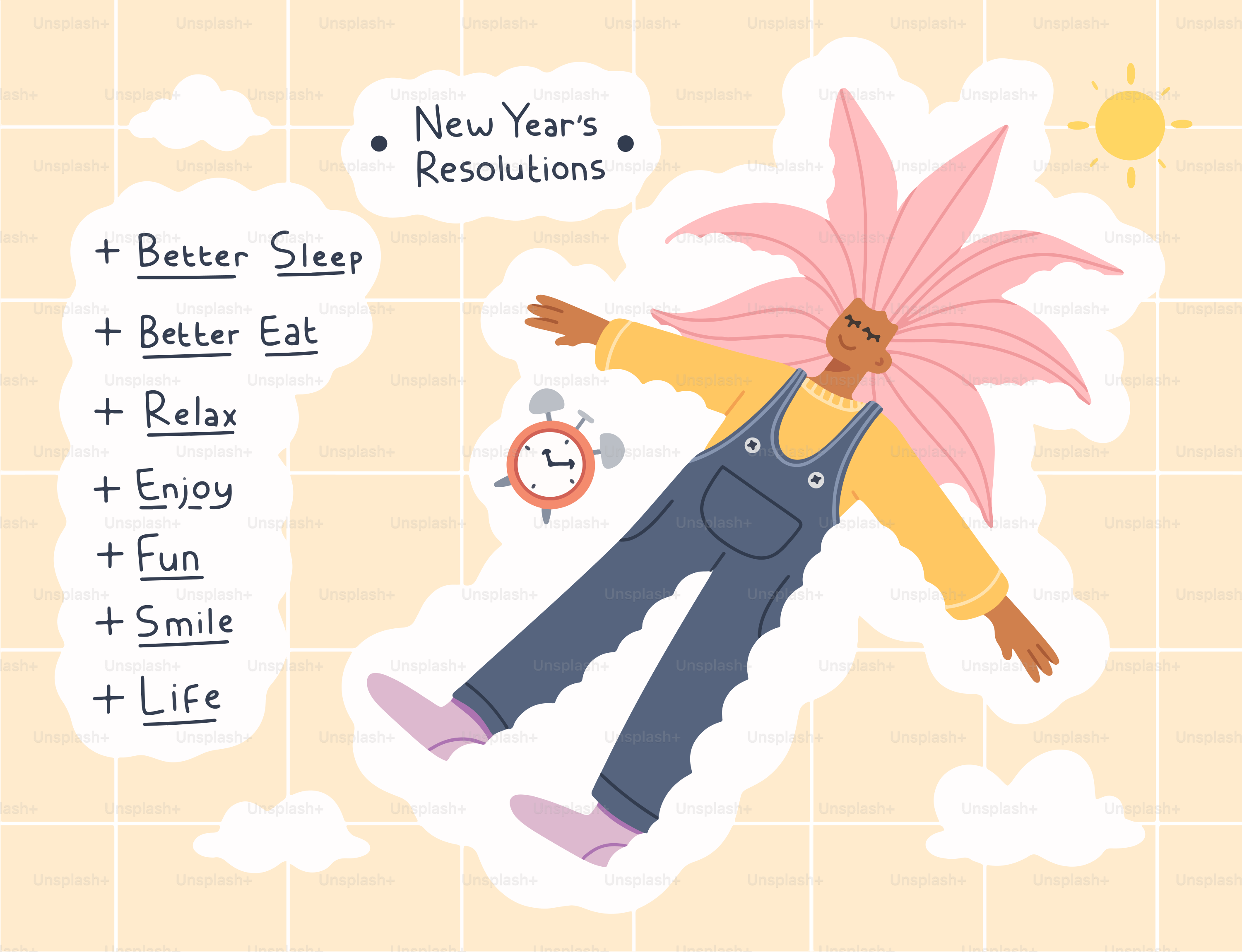 Personne aux cheveux roses qui se détend, liste de résolutions du Nouvel An.