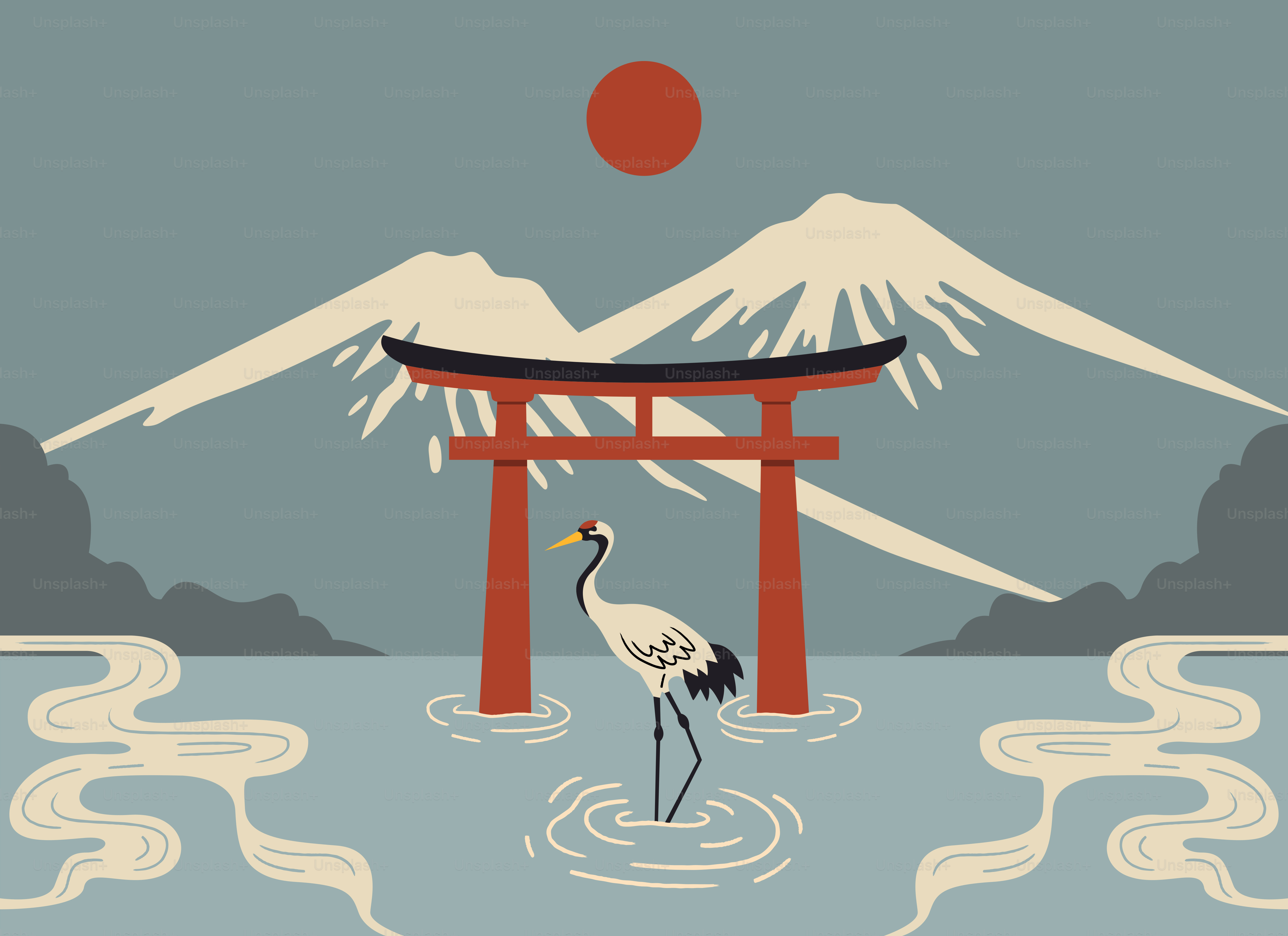 Crane stands in water under a torii gate