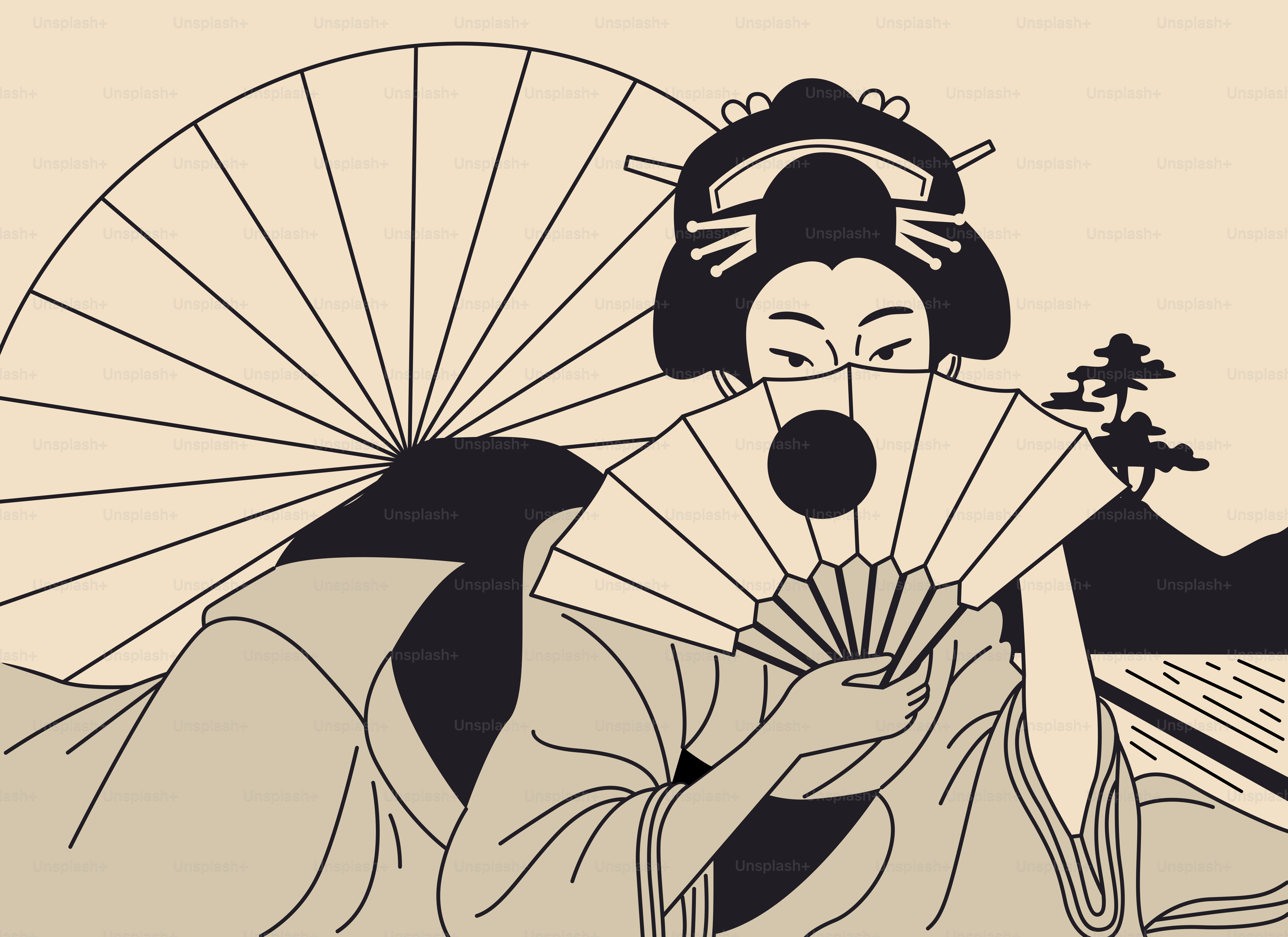 Geisha hiding face with a fan near umbrella