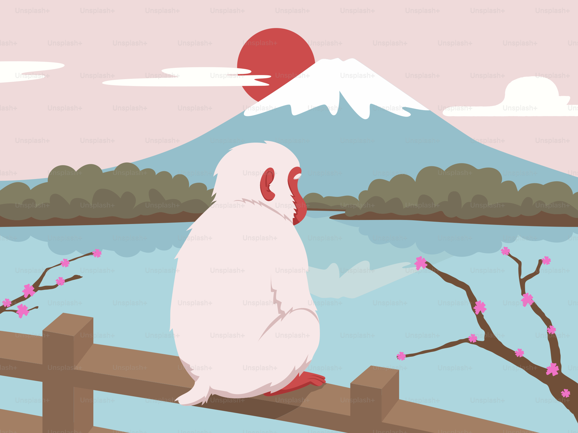 White monkey sits on fence overlooking mountain and lake.