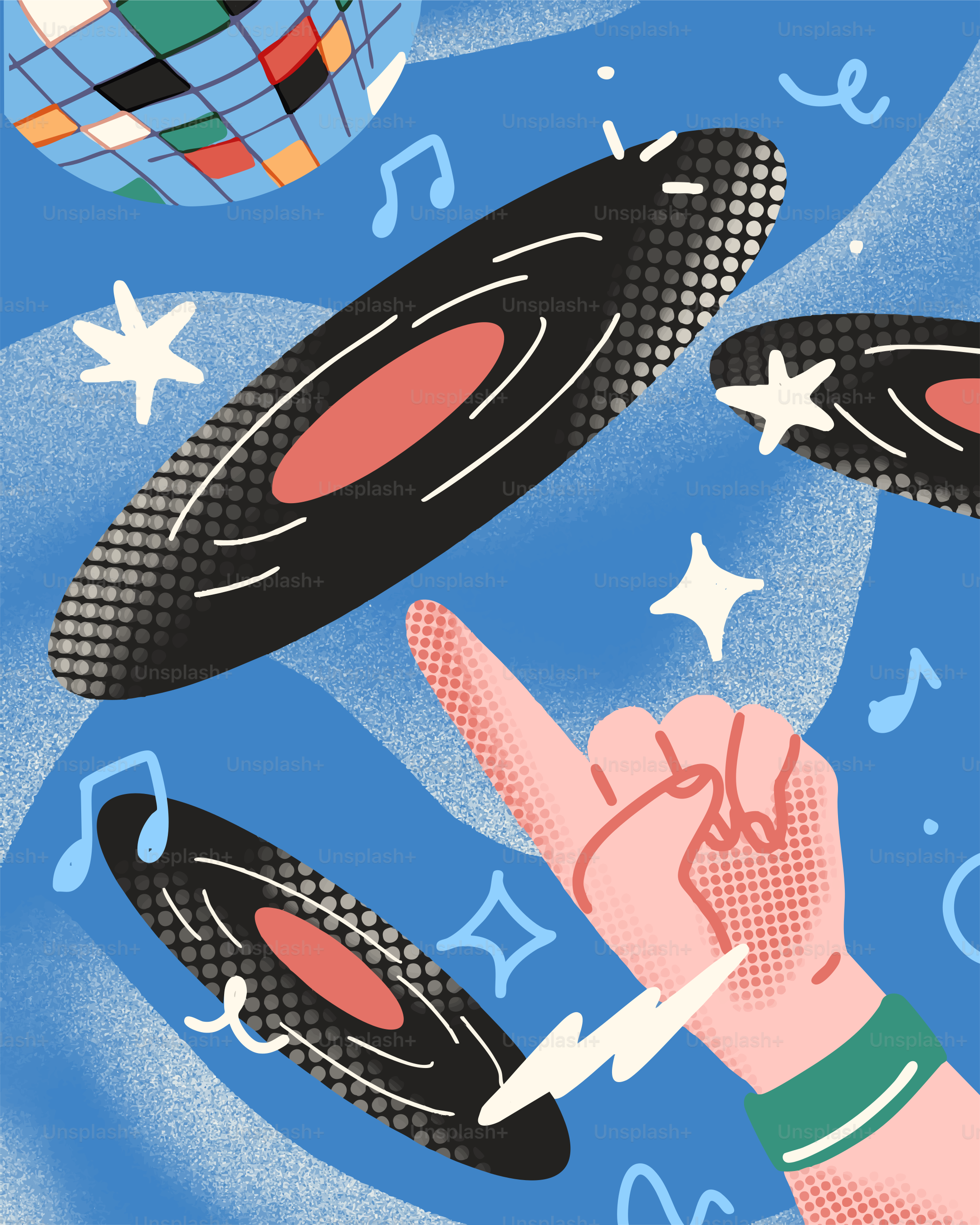 Discokugel und Vinylplatten auf einer Party