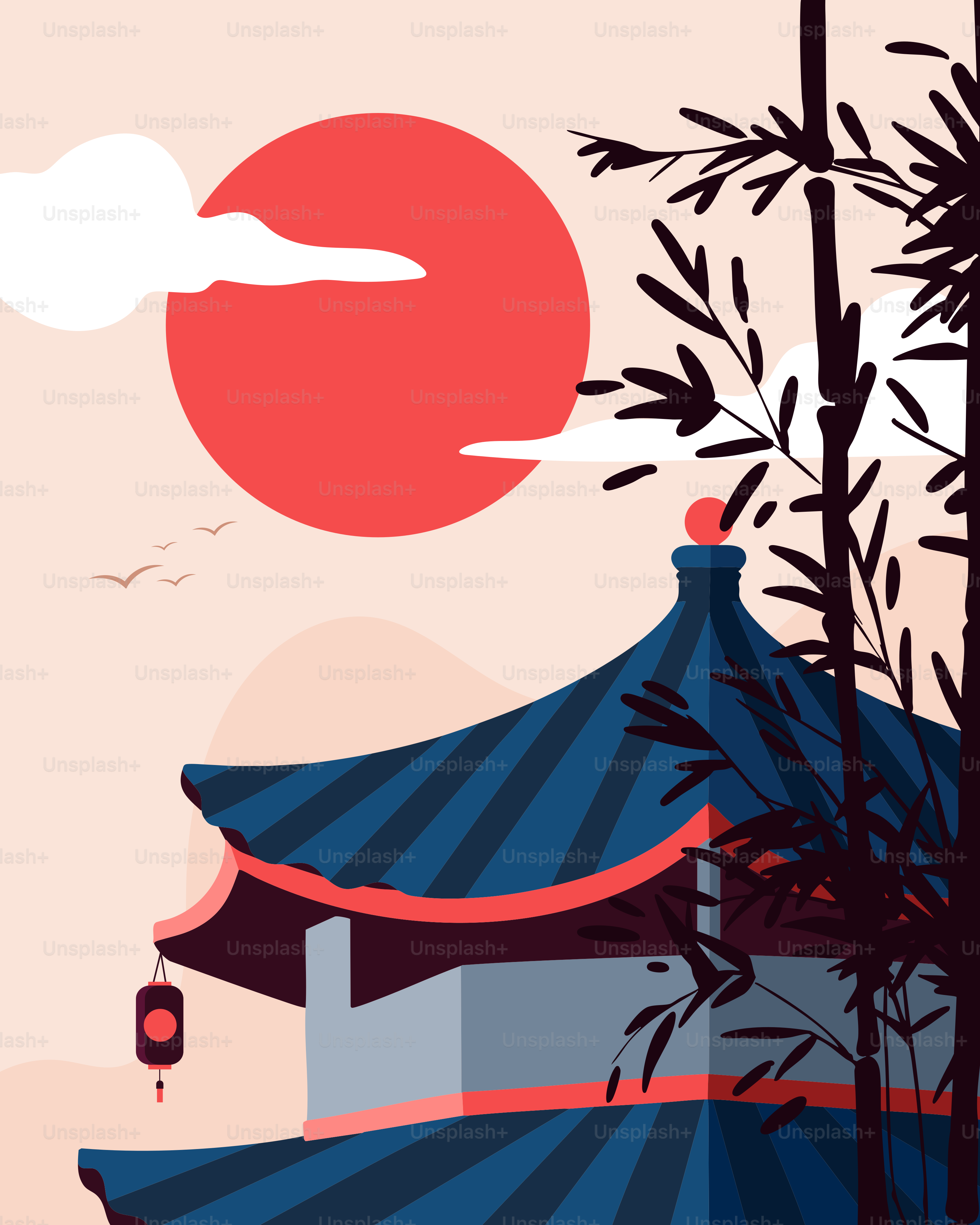 Traditional asian building with red sun and bamboo.