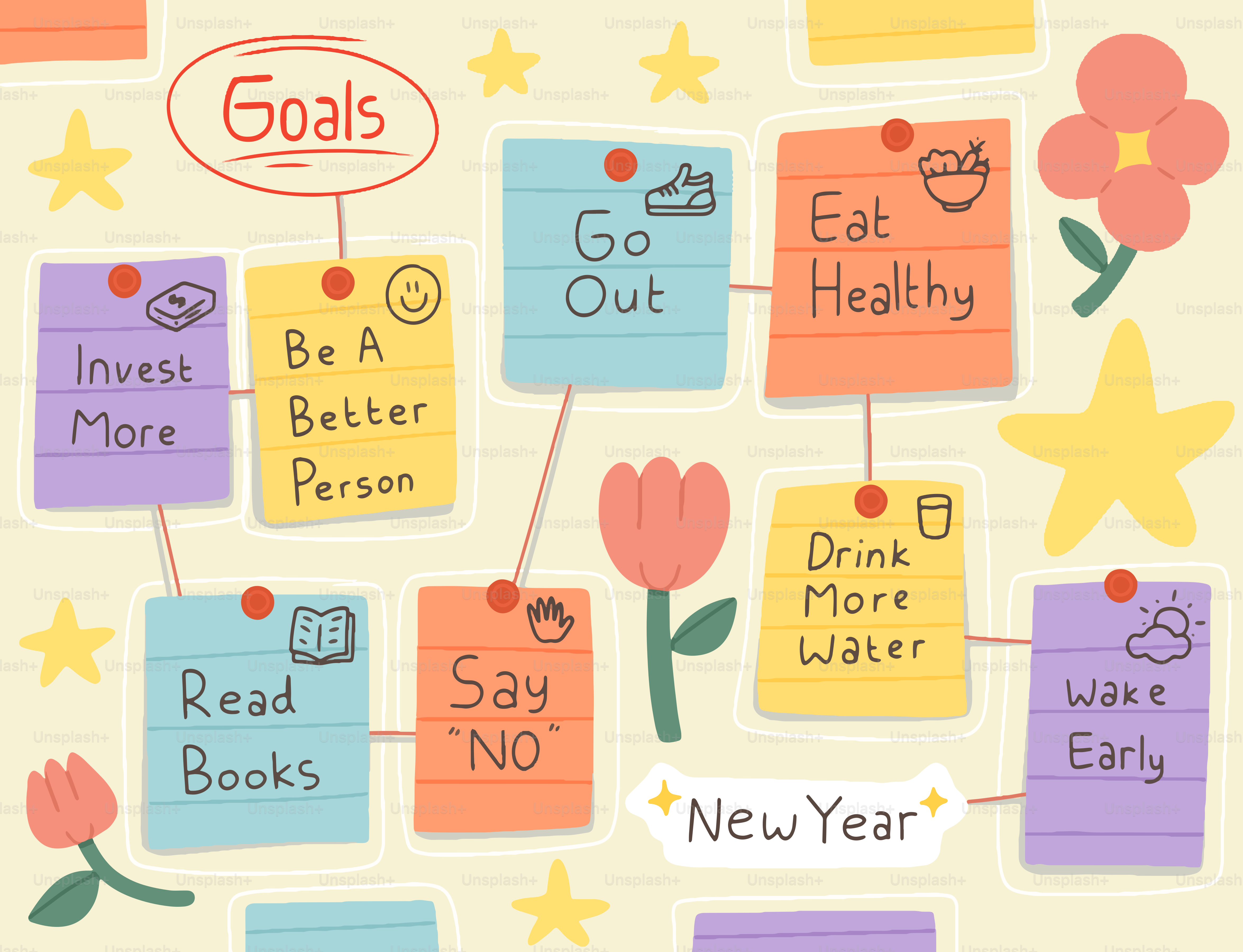 New year goals list with sticky notes and decorations.