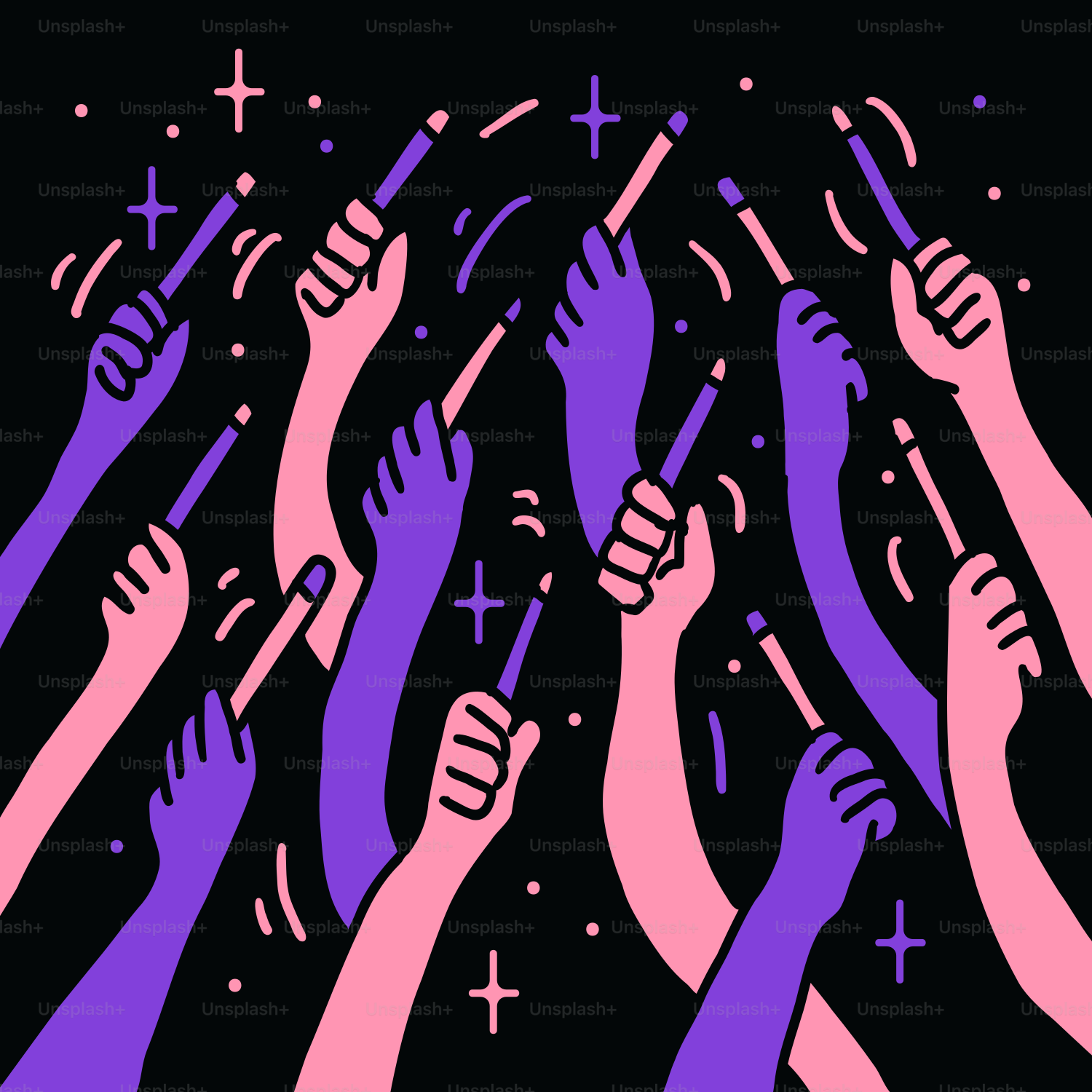 Many hands holding sparklers with confetti.