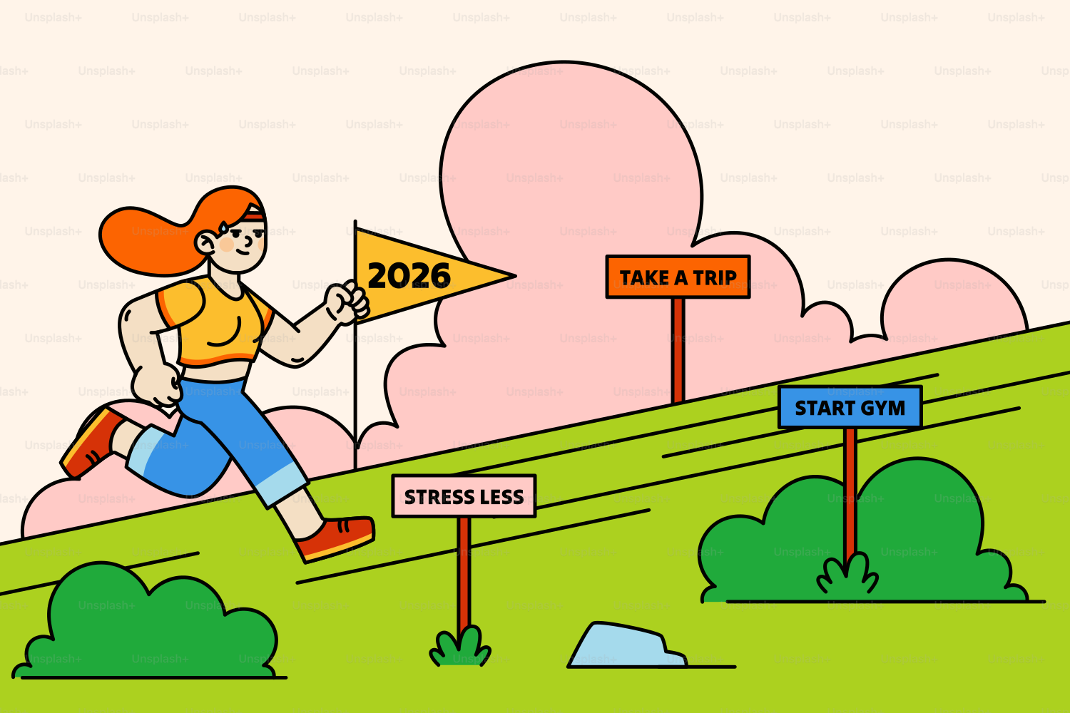 Woman running towards 2026 goals on a hill.