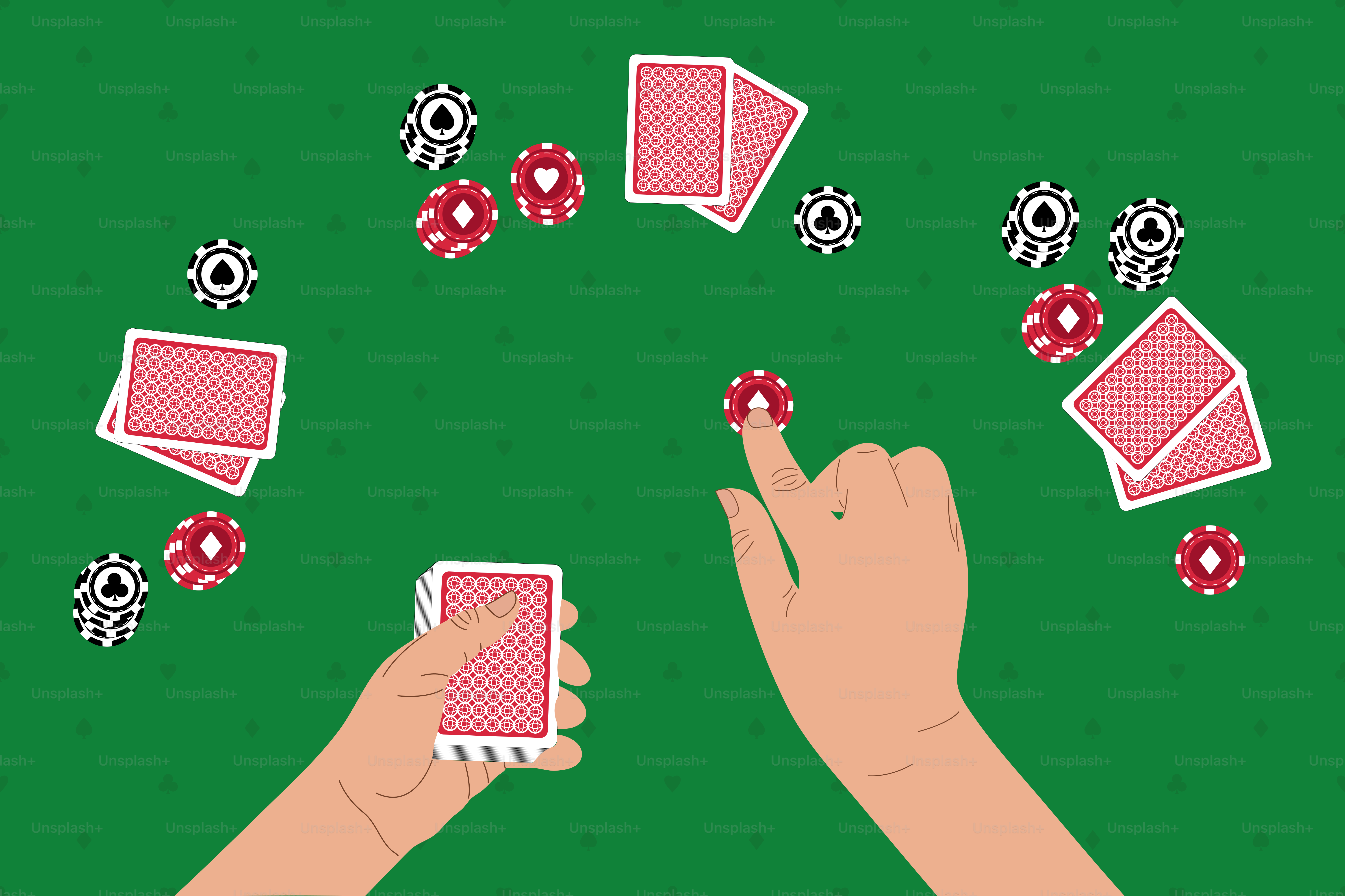 Hands playing cards and poker chips on green felt.