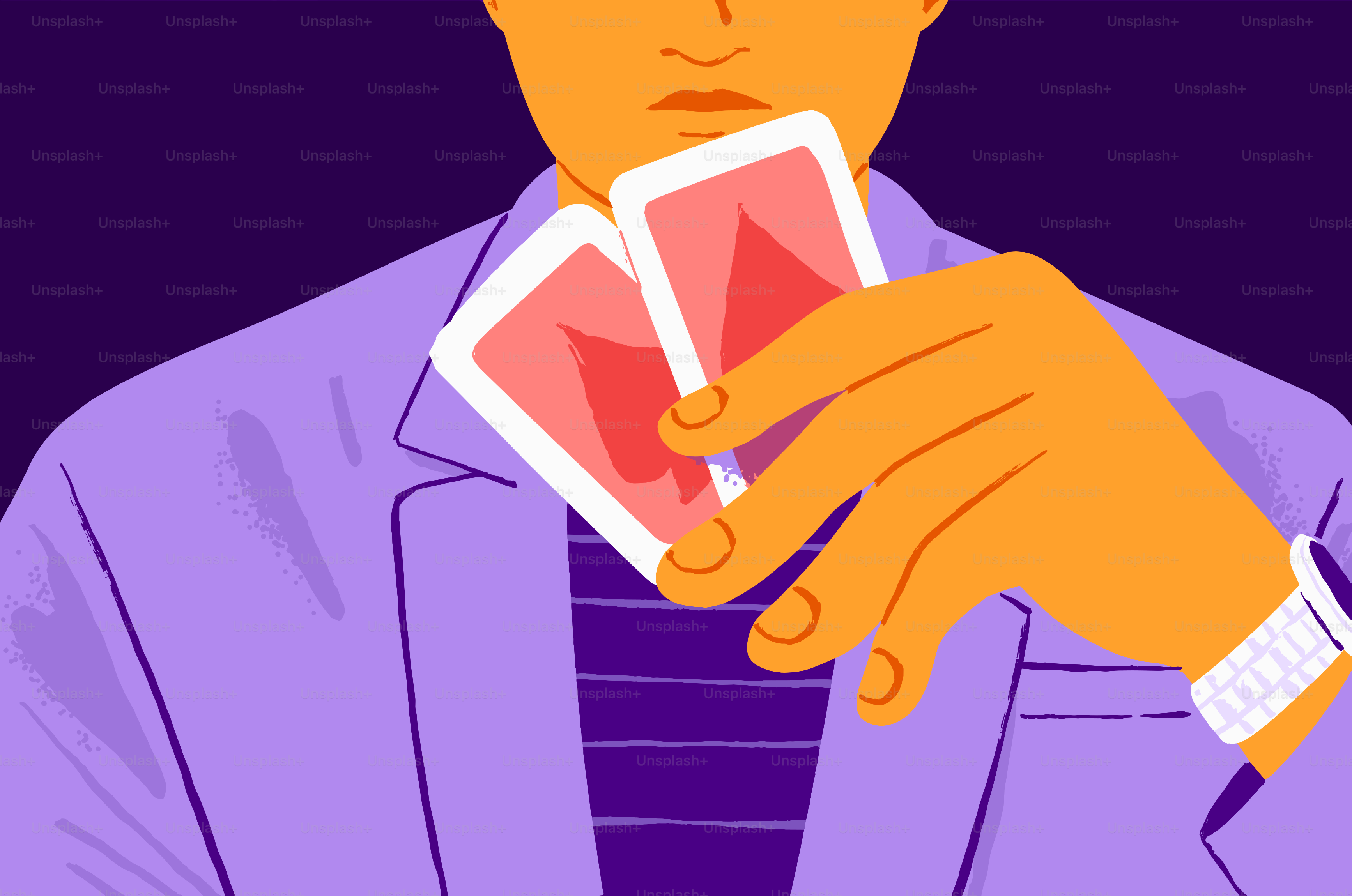 Man holding two playing cards in his hand.