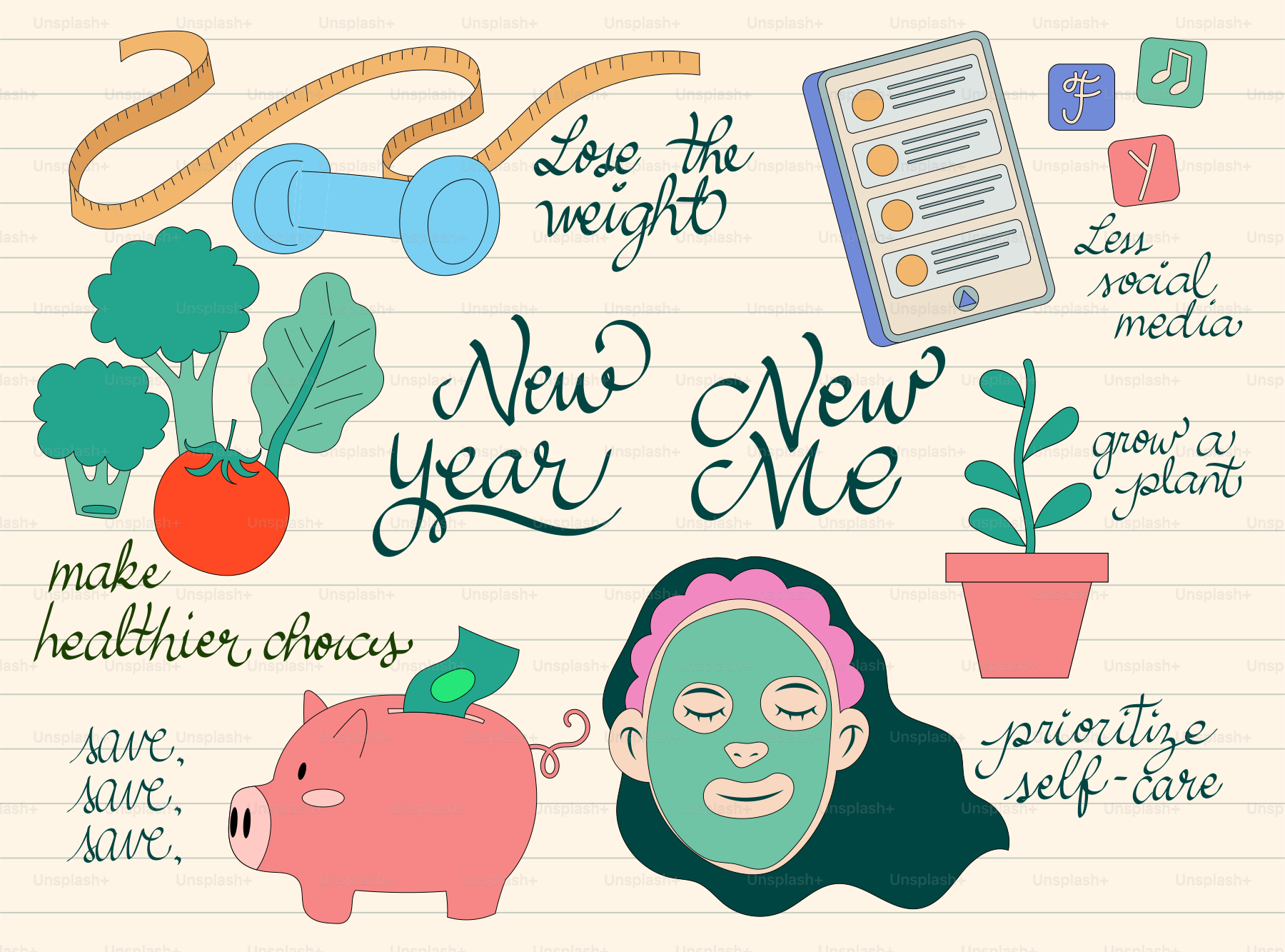 New year new me resolutions with healthy lifestyle elements.