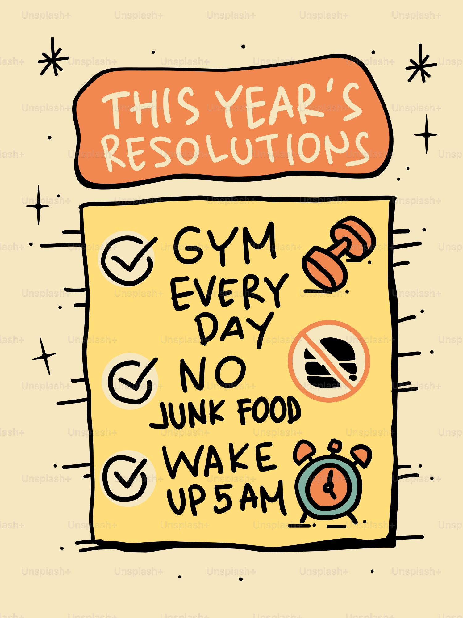 Liste des résolutions du Nouvel An avec icônes.