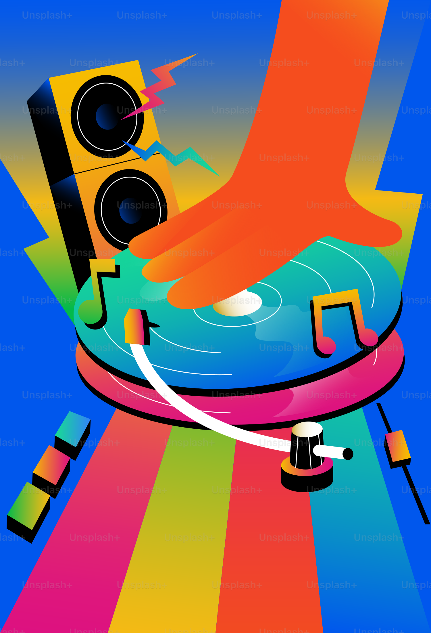 Mano de DJ en tocadiscos con notas musicales coloridas