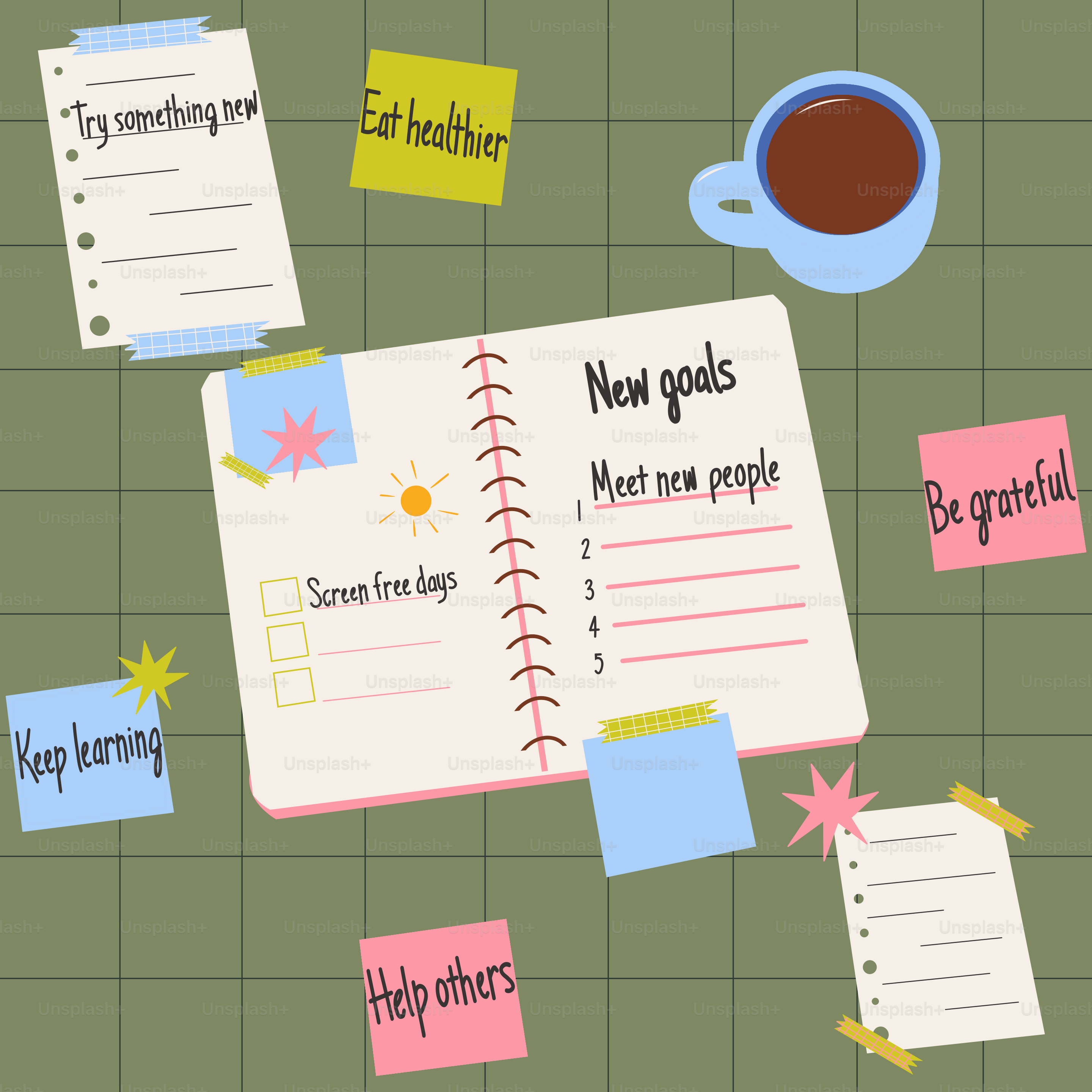 新しい目標と付箋が入ったノート