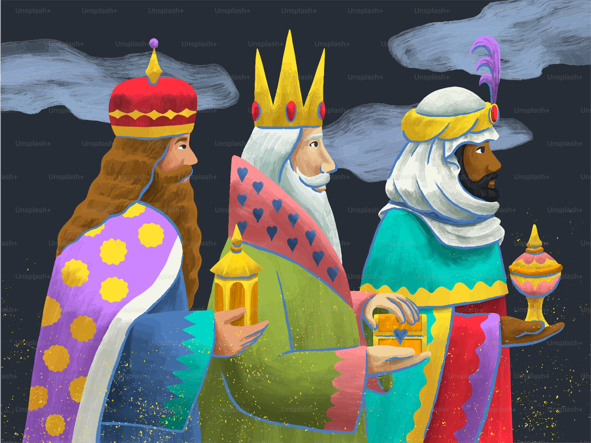 暗い夜に贈り物を運ぶ三人の王