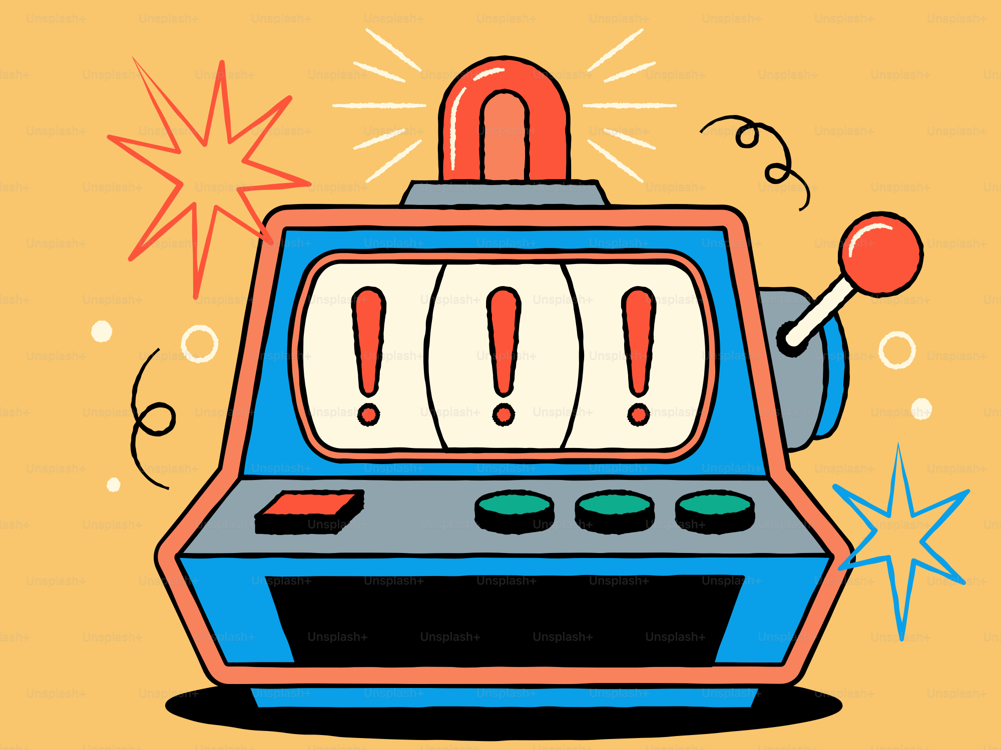 A colorful cartoon slot machine with three exclamation marks.