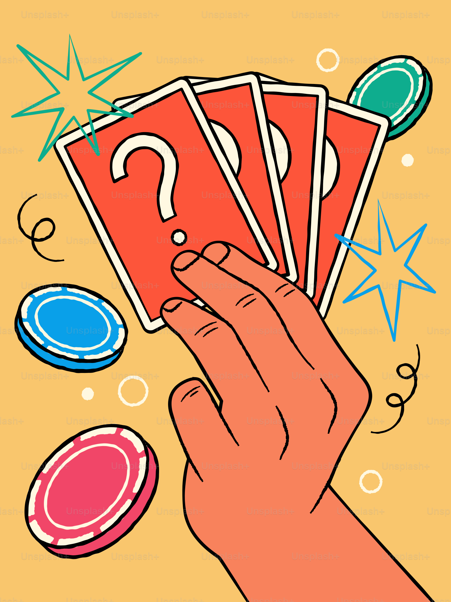 Cartas de baralho segurando a mão com pontos de interrogação