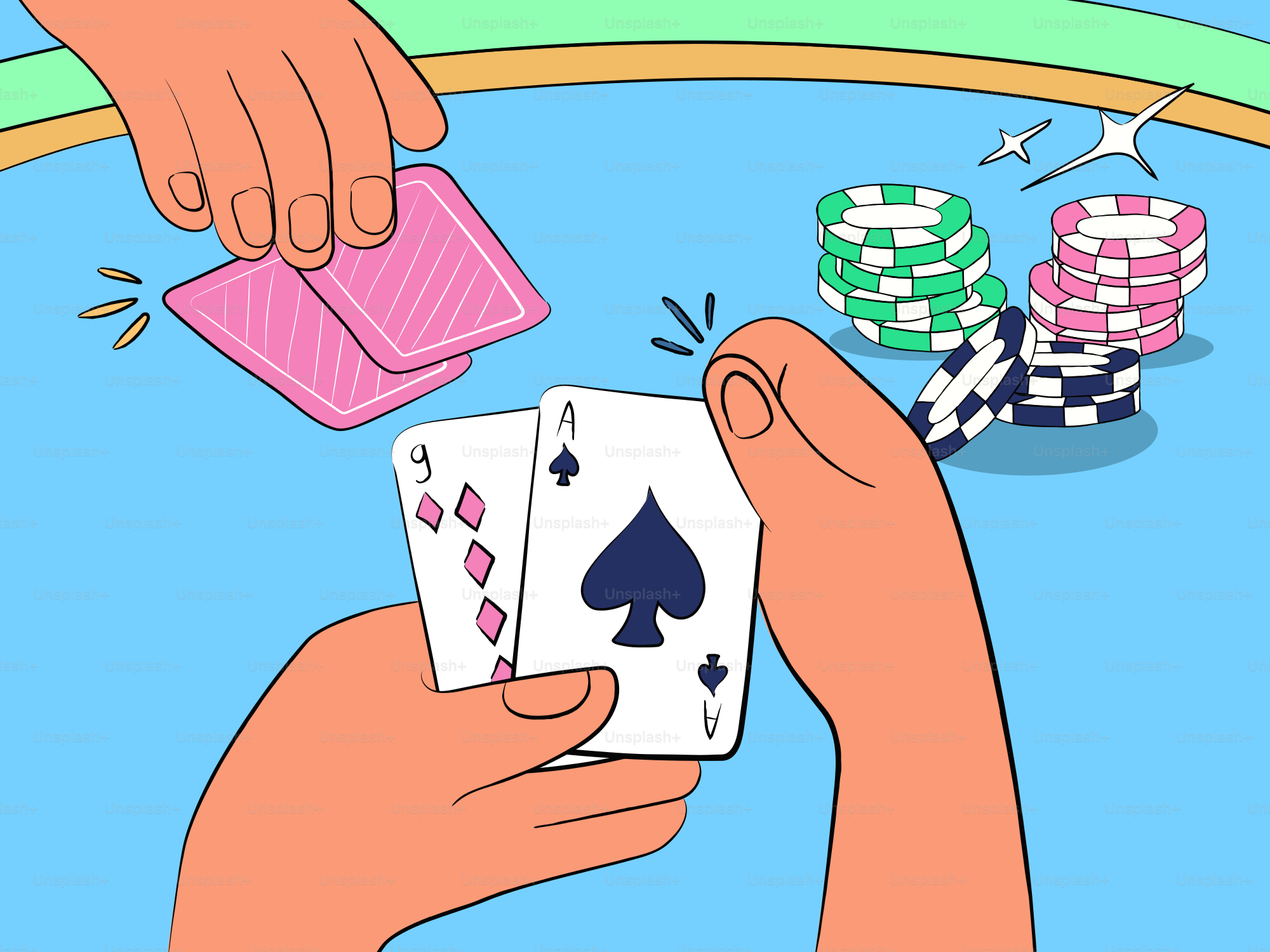 Hands holding playing cards and poker chips on table