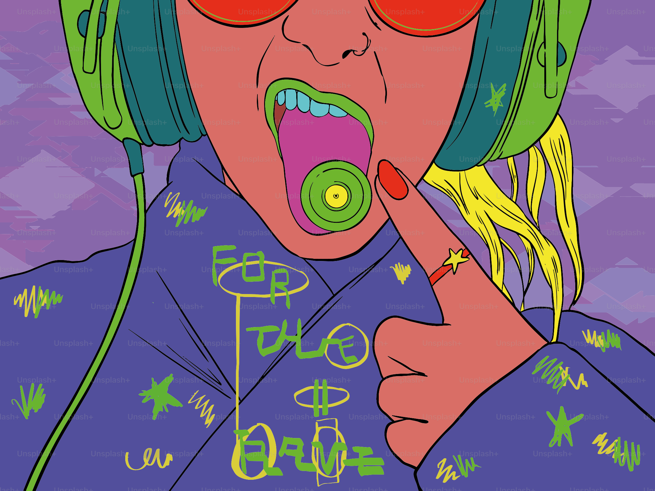 Mujer con auriculares y lengua colorida asomando.