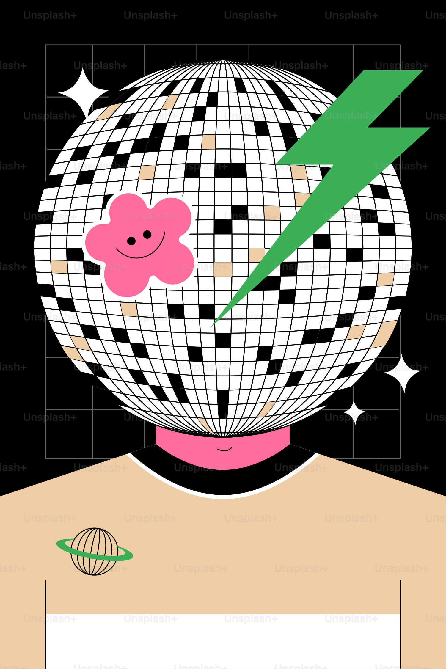 Disco ball head with flower and lightning bolt.