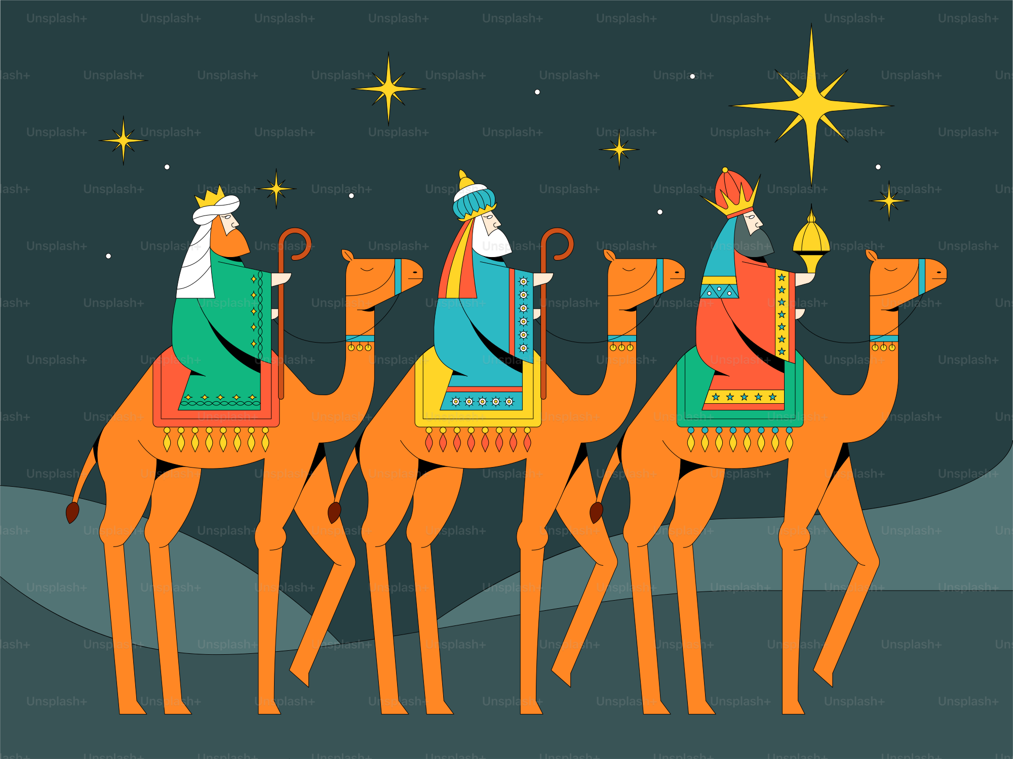 Three wise men riding camels under starry sky