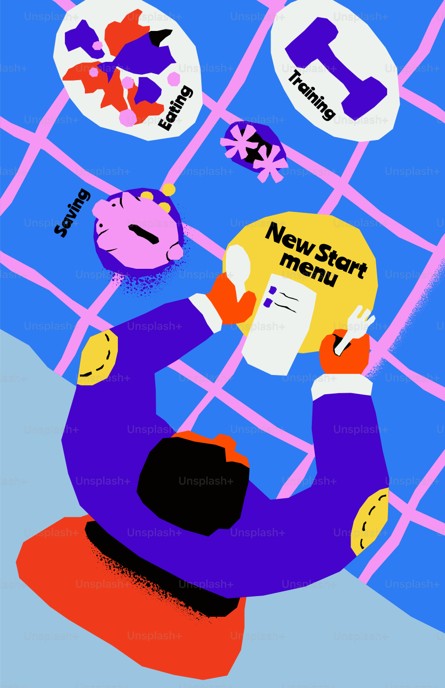 Person choosing new start options: eating, saving, training.